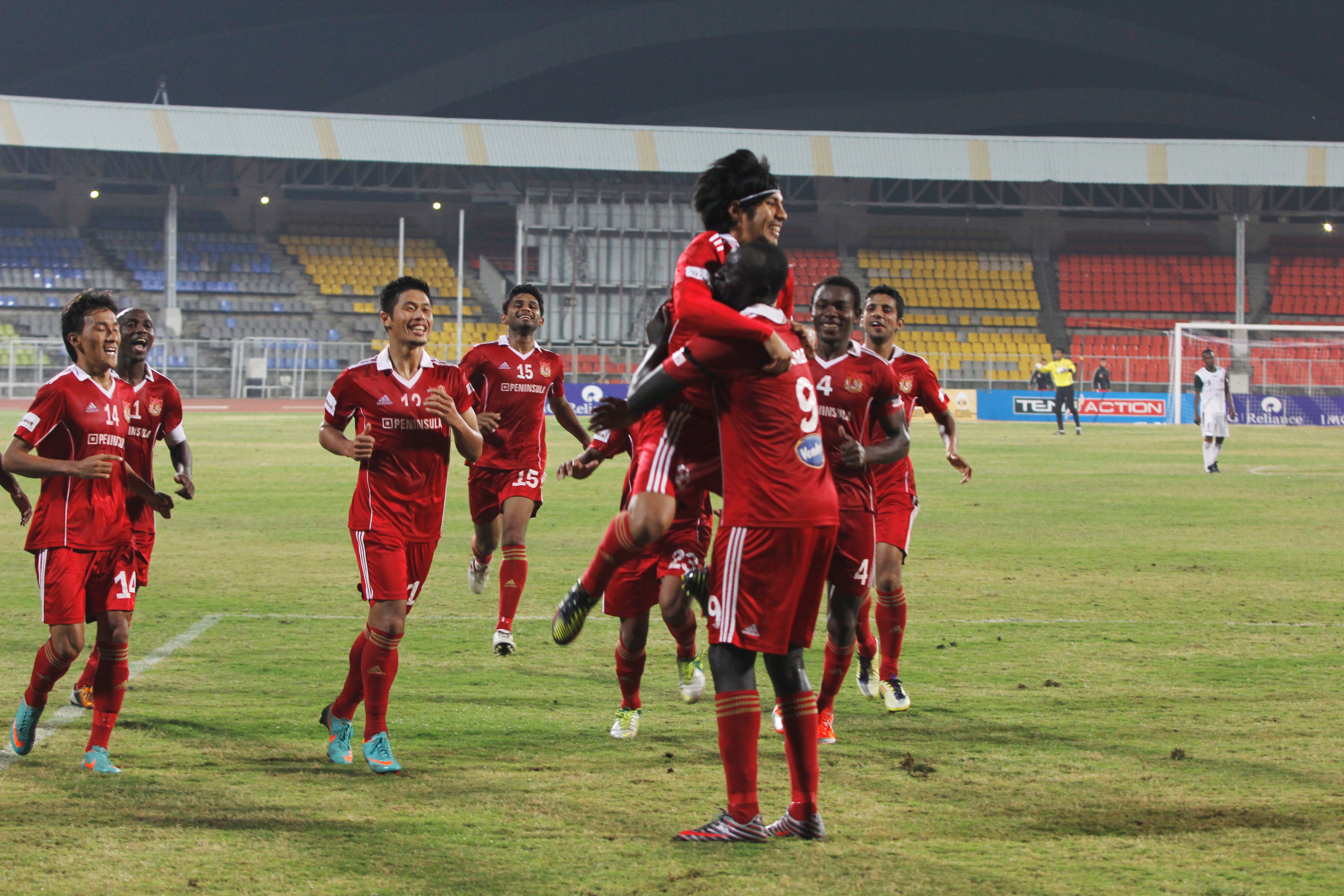 Pune FC players celebrate Arata Izumi's strike.
