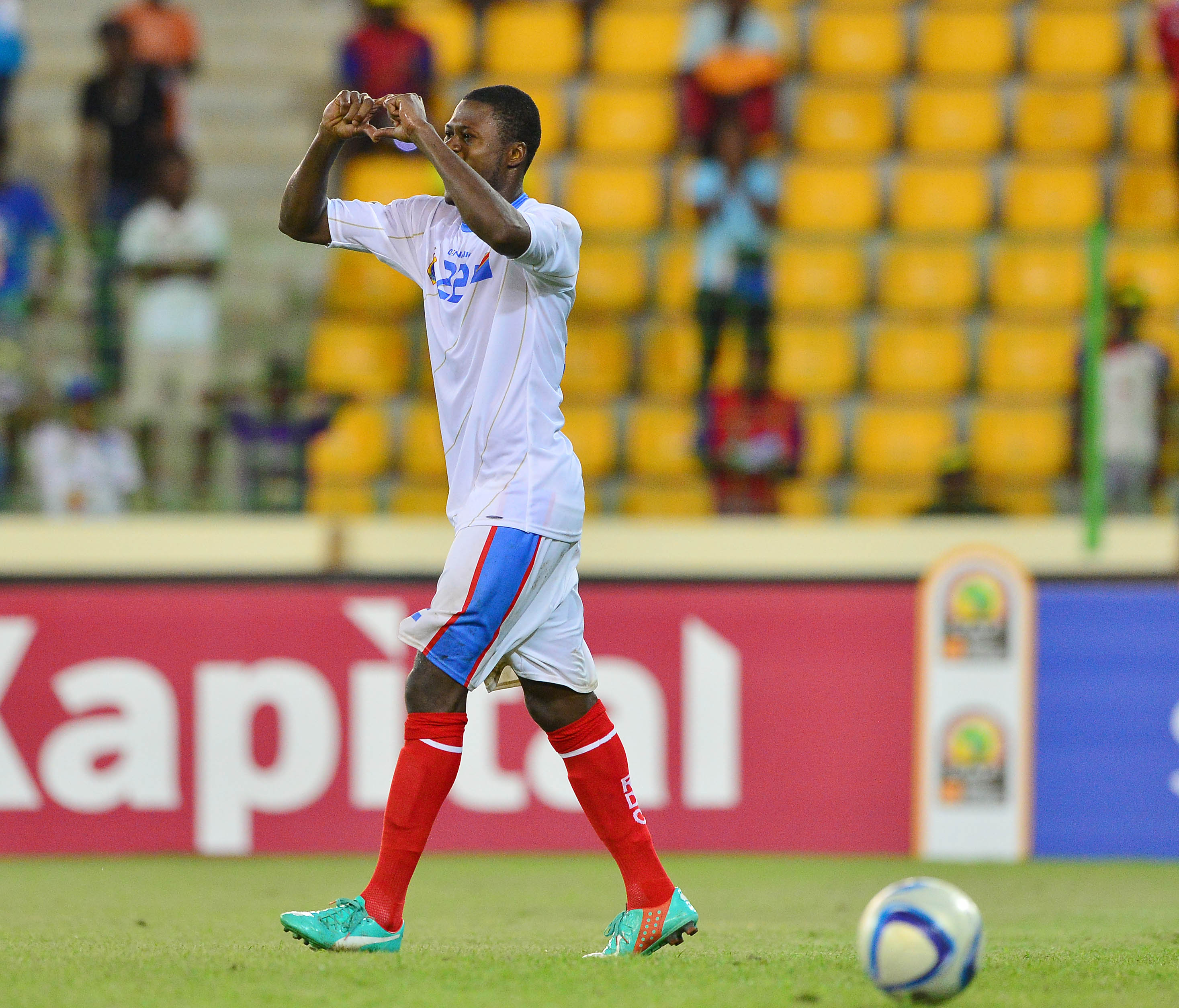 epa04607970 Chancel Mbemba of DR Congo celebrates after scoring in the penalty shootout during the 2015 Africa Cup of Nations 3rd Place match between DR Congo and Equatorial Guinea at the Malabo Stadium in Malabo, Equatorial Guinea, 07 February 2015. EPA/GAVIN BARKER UK AND IRELAND OUT