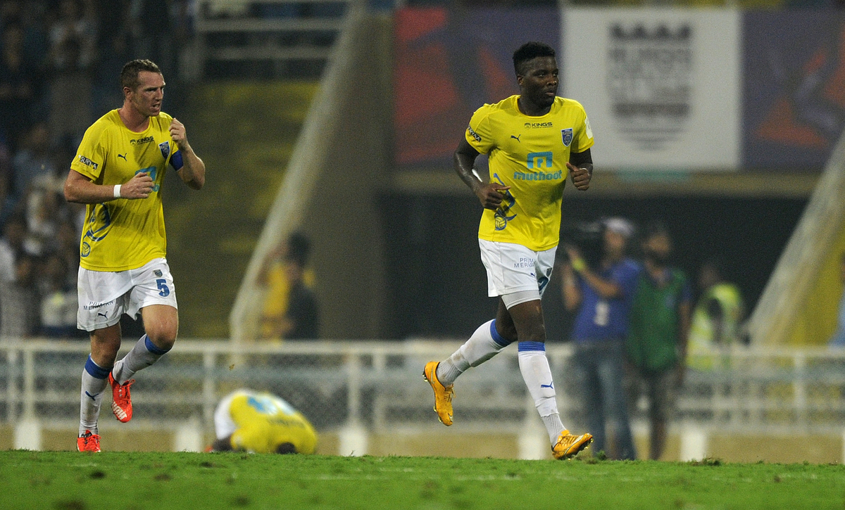 Antonio German of Kerala Blasters FC runs to celebrate his goal during match 47 of the Indian Super League (ISL) season 2 between Mumbai City FC and Kerala Blasters FC held at the D.Y. Patil Stadium, Navi Mumbai, India on the 26th November 2015.
Photo by Pal Pillai / ISL/ SPORTZPICS