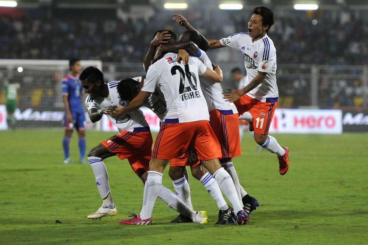Eugeneson Lyngdoh of FC Pune City celebrates his goal during match 25 of the Indian Super League (ISL) season 2  between FC Goa and FC Pune City held at the Jawaharlal Nehru Stadium, Fatorda, Goa, India on the 30th October 2015.

Photo by Pal Pillai / ISL/ SPORTZPICS