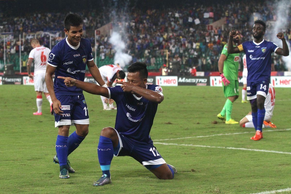 Jeje Lalpekhlua of Chennaiyin FC celebrates scoring his second goal and Chennaiyin FC 4th goal during match 45 of the Indian Super League (ISL) season 2 between Chennaiyin FC and Delhi Dynamos FC held at the Jawaharlal Nehru Stadium, Chennai, Tamil Nadu, India on the 24th November 2015.

Photo by Shaun Roy / ISL/ SPORTZPICS