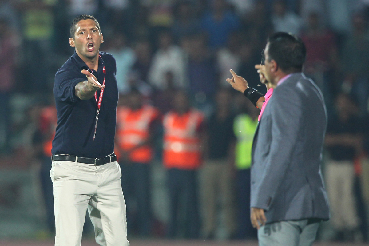 Chennaiyin FC coach Marco Materazzi reacts on NorthEast United FC coach Cesar Farias during match 16 of the Indian Super League (ISL) season 2  between NorthEast United FC and Chennaiyin FC held at the Indira Gandhi Stadium, Guwahati, India on the 20th October 2015.

Photo by Deepak Malik / ISL/ SPORTZPICS