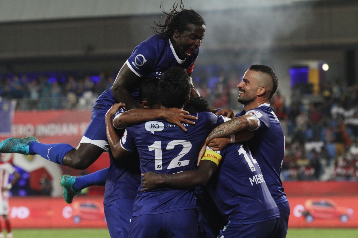 John Steven Mendoza Valencia of Chennaiyin FC is congratulated for scoring Chennaiyin FC third goal during Semi-final 2 (1st Leg) of the Indian Super League (ISL) season 2 held between Chennaiyin FC and Atlético de Kolkata held at the Shree Shiv Chhatrapati Sports Complex Stadium, Pune, India on the 12th December 2015.

Photo by Shaun Roy / ISL/ SPORTZPICS