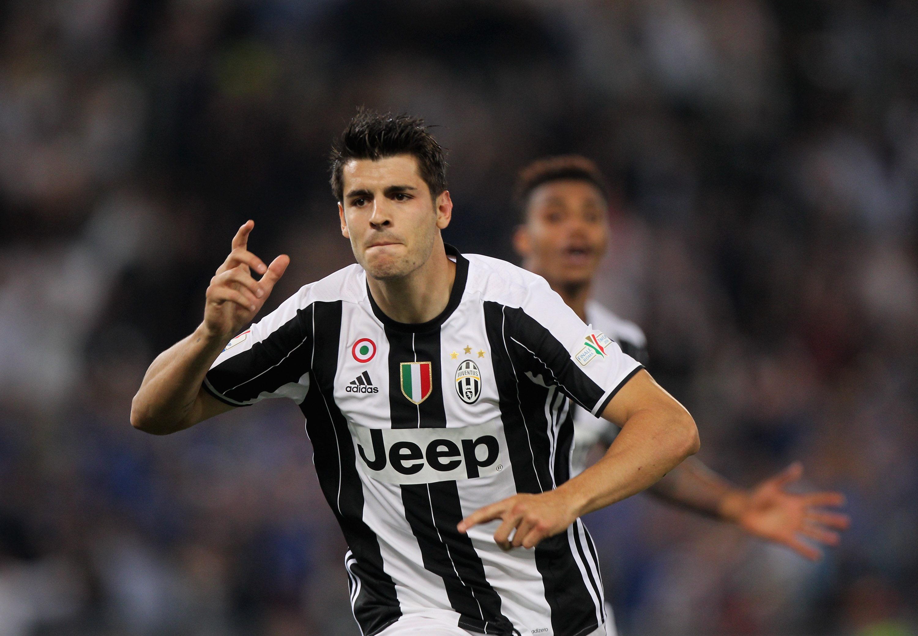 ROME, ITALY - MAY 21: Alvaro Morata of Juventus FC celebrates after scoring the opening goal during the TIM Cup match between AC Milan and Juventus FC at Stadio Olimpico on May 21, 2016 in Rome, Italy. (Photo by Paolo Bruno/Getty Images)