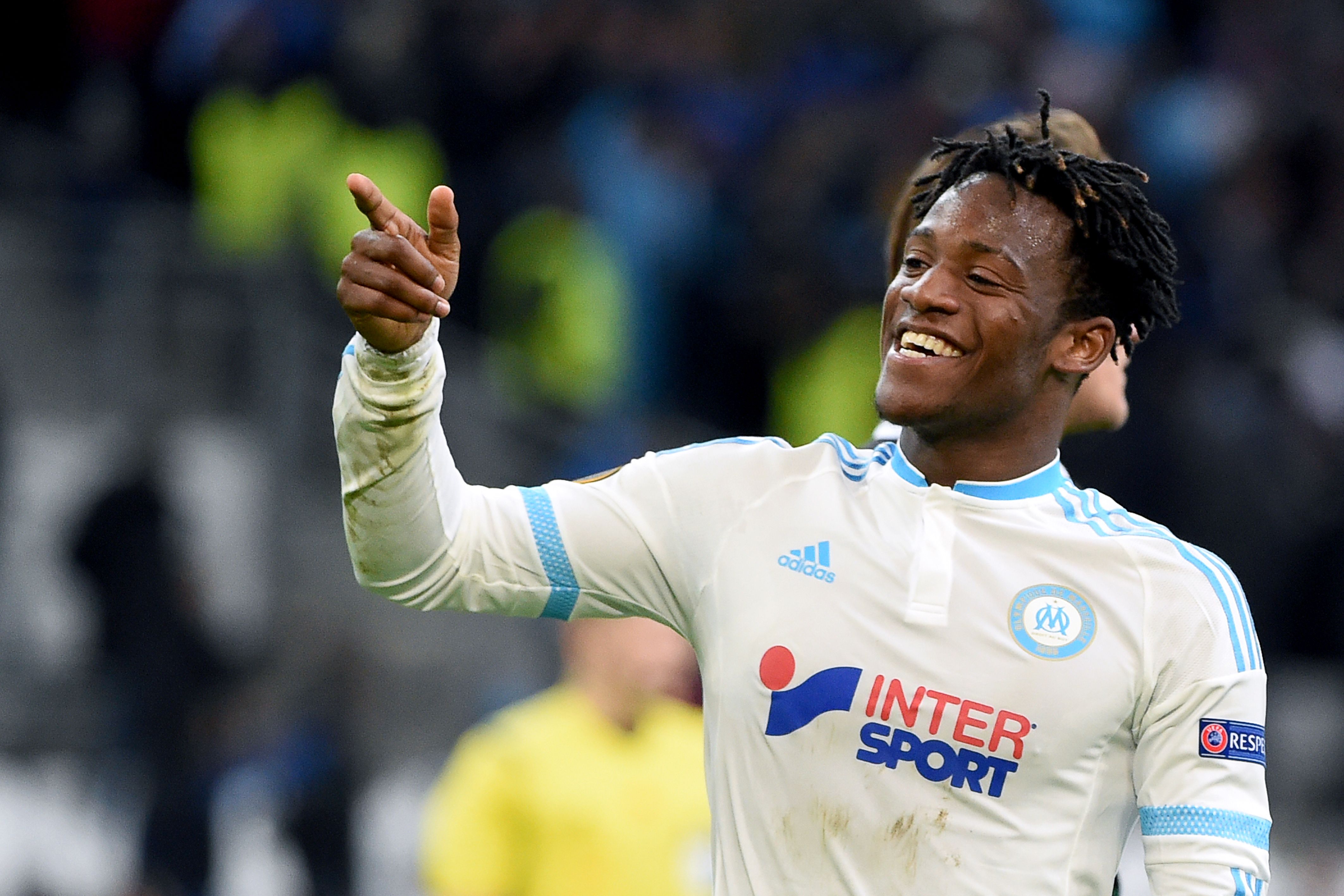 Marseille's Belgian forward Michy Batshuayi  celebrates  after scoring a goal during a UEFA Europa League Group F football match between Marseille and Groningen on November 26, 2015 at the Velodrome stadium in Marseille, southeastern France.   AFP PHOTO / BORIS HORVAT / AFP / BORIS HORVAT        (Photo credit should read BORIS HORVAT/AFP/Getty Images)