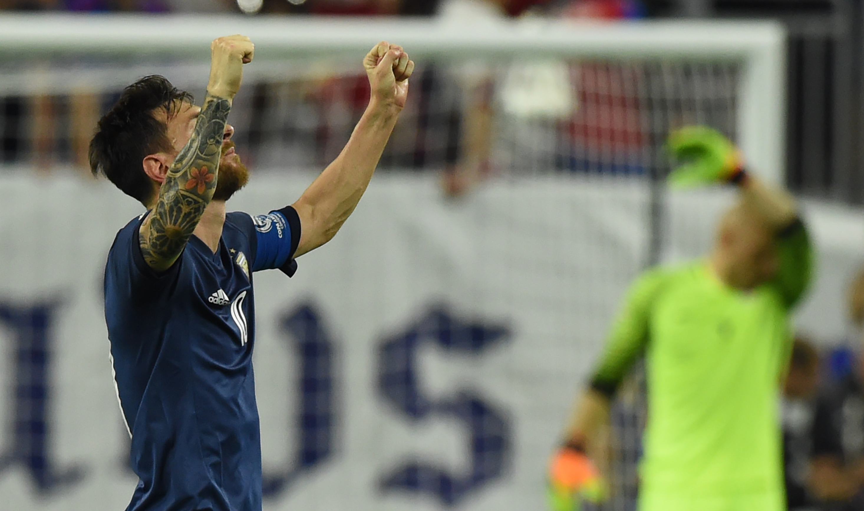 Argentina's Lionel Messi celebrates after scoring against USA during their Copa America Centenario semifinal football match in Houston, Texas, United States, on June 21, 2016. / AFP / Mark RALSTON (Photo credit should read MARK RALSTON/AFP/Getty Images)