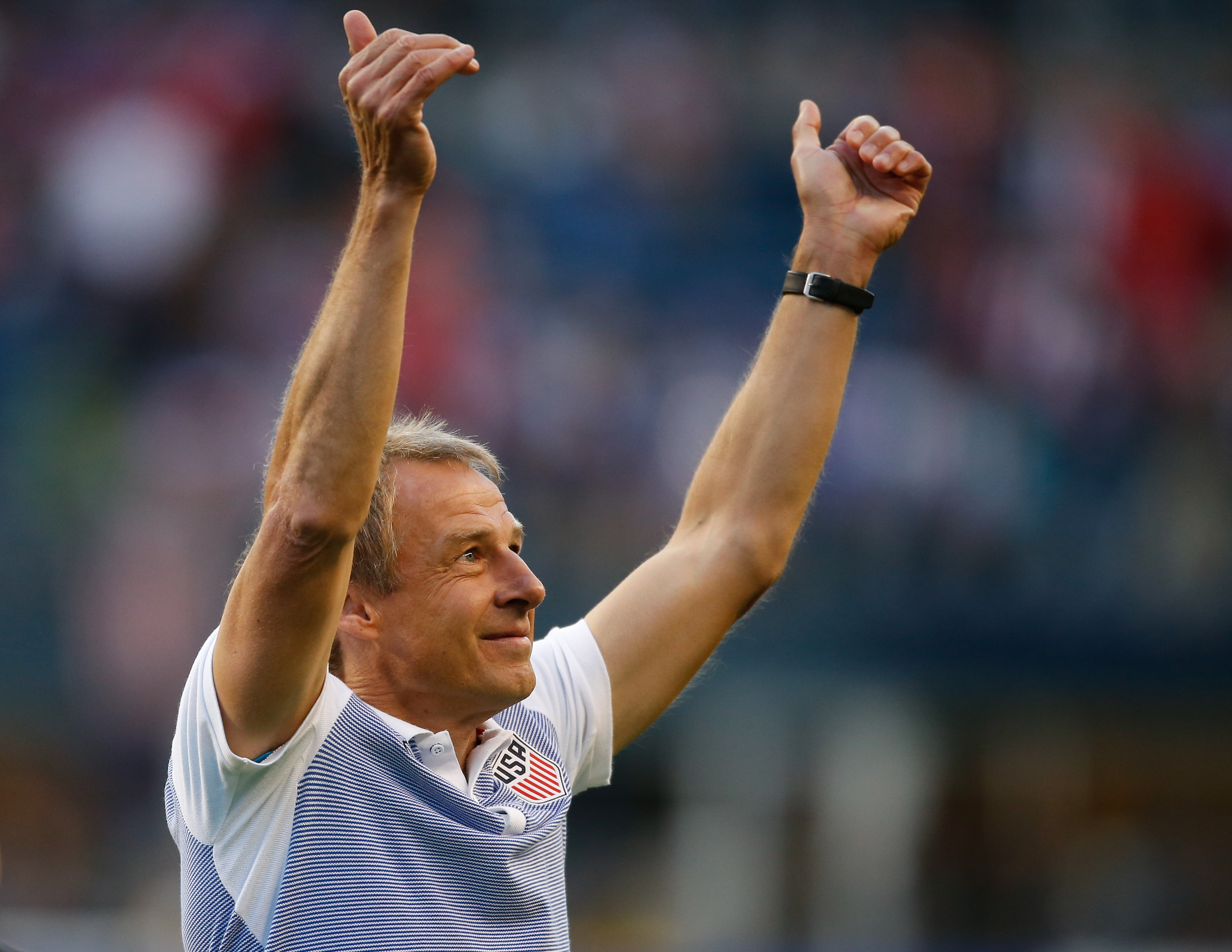 SEATTLE, WA - JUNE 16: Head coach Jurgen Klinsmann of the United States gestures as he walks off the pitch after defeating Ecuador in the 2016 Quarterfinal - Copa America Centenario match at CenturyLink Field on June 16, 2016 in Seattle, Washington. (Photo by Otto Greule Jr/Getty Images)