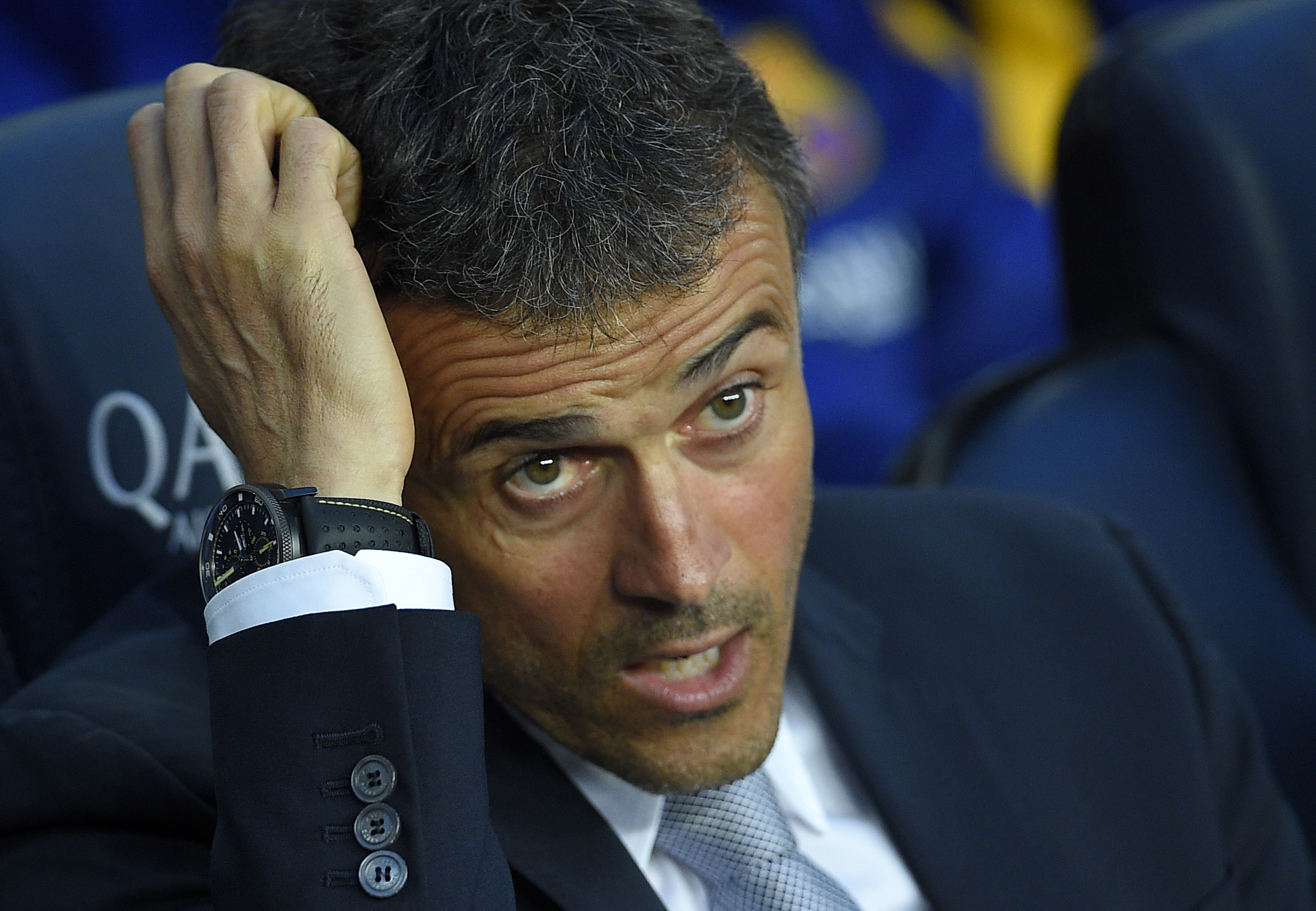 Barcelona's coach Luis Enrique gestures before the Spanish league football match FC Barcelona vs Real Sporting de Gij������n at the Camp Nou stadium in Barcelona on April 23, 2016. / AFP / LLUIS GENE (Photo credit should read LLUIS GENE/AFP/Getty Images)