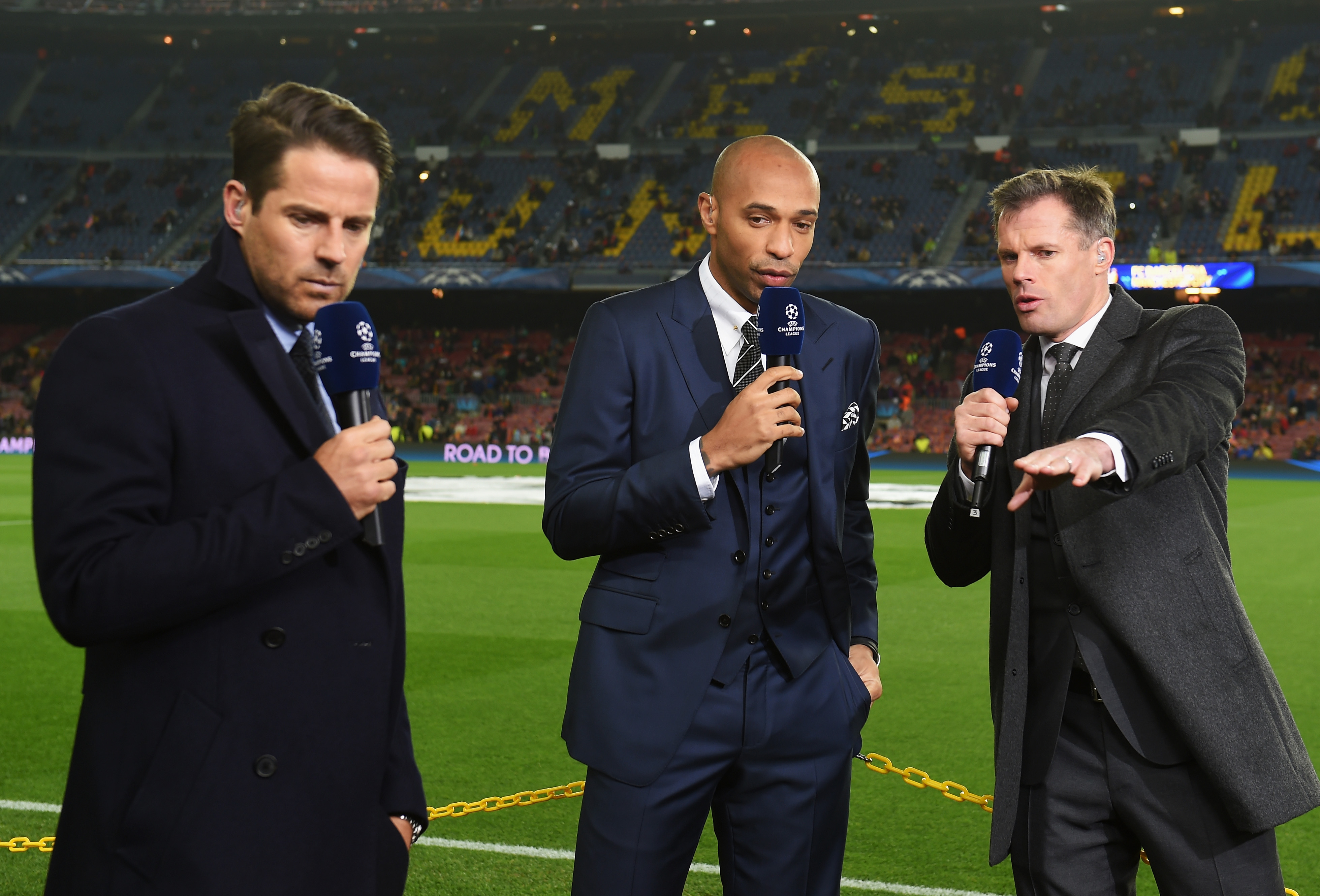 BARCELONA, SPAIN - MARCH 18: (L-R) Sky Sports commentators Jamie Redknapp, Thierry Henry and Jamie Carragher talk prior to the UEFA Champions League Round of 16 second leg match between Barcelona and Manchester City at Camp Nou on March 18, 2015 in Barcelona, Spain.  (Photo by Michael Regan/Getty Images)