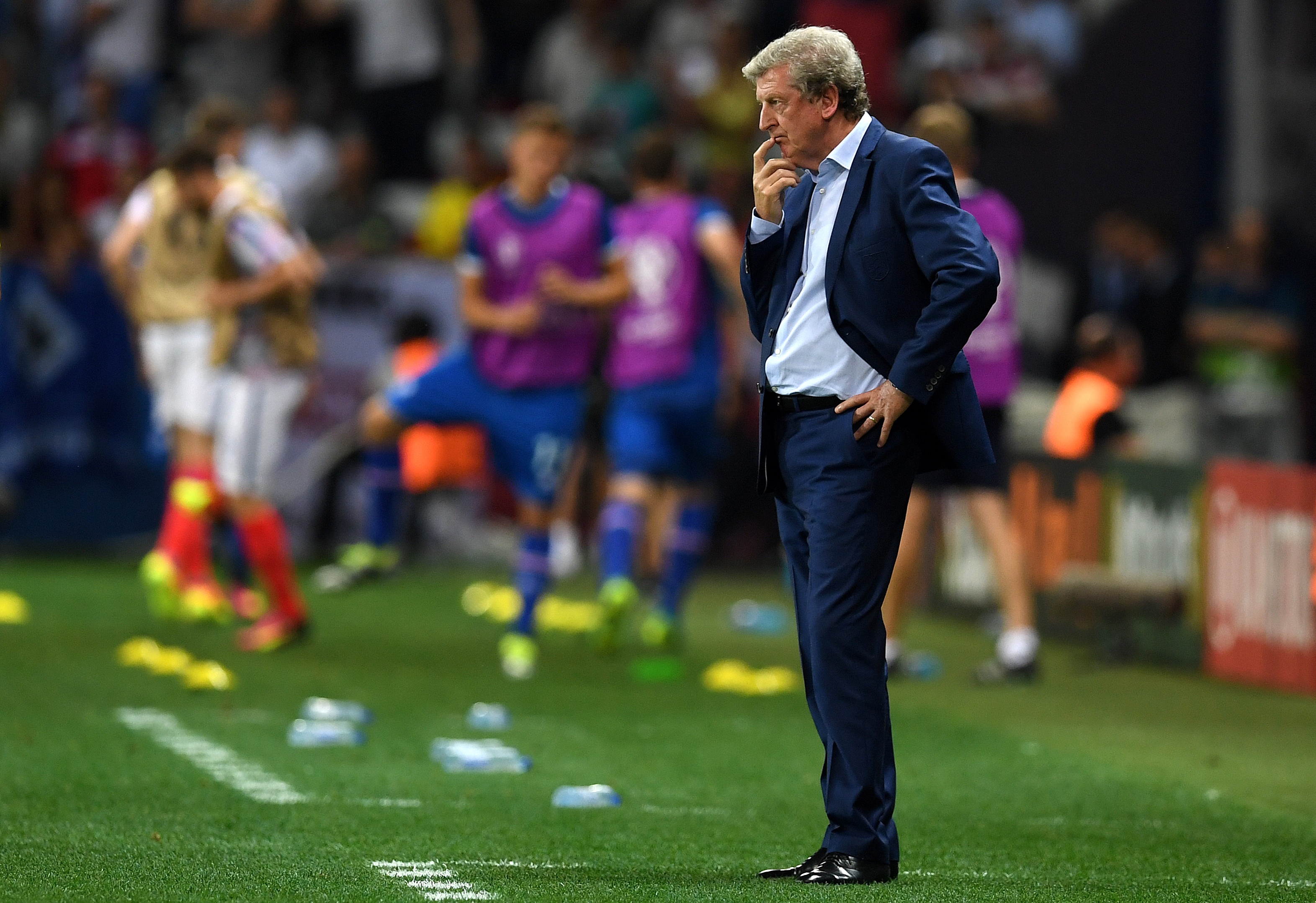 England's coach Roy Hodgson looks on during Euro 2016 round of 16 football match between England and Iceland at the Allianz Riviera stadium in Nice on June 27, 2016.   / AFP / PAUL ELLIS        (Photo credit should read PAUL ELLIS/AFP/Getty Images)