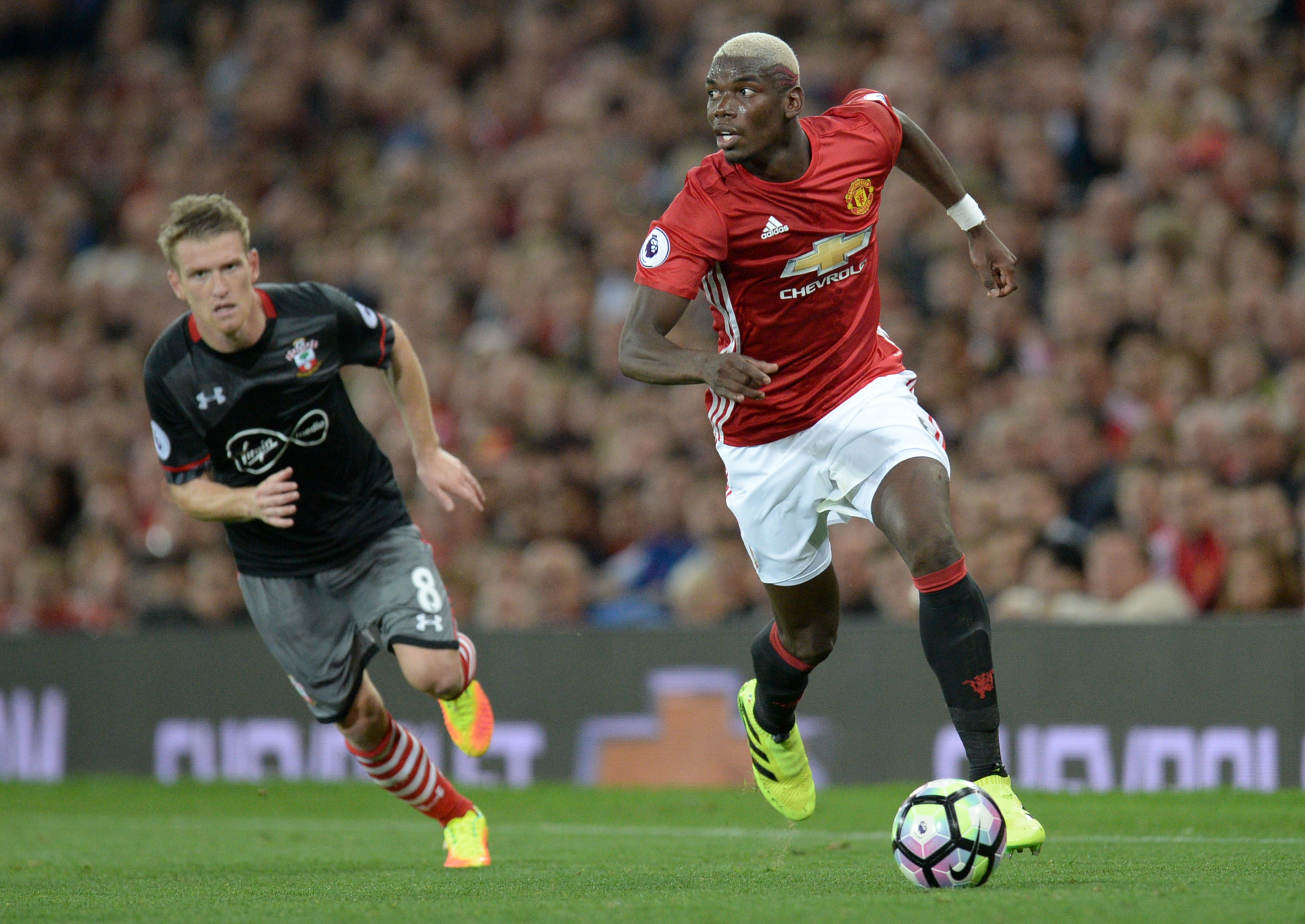 Manchester United's French midfielder Paul Pogba (R) runs with the ball during the English Premier League football match between Manchester United and Southampton at Old Trafford in Manchester, north west England, on August 19, 2016. / AFP / Oli SCARFF / RESTRICTED TO EDITORIAL USE. No use with unauthorized audio, video, data, fixture lists, club/league logos or 'live' services. Online in-match use limited to 75 images, no video emulation. No use in betting, games or single club/league/player publications. / (Photo credit should read OLI SCARFF/AFP/Getty Images)