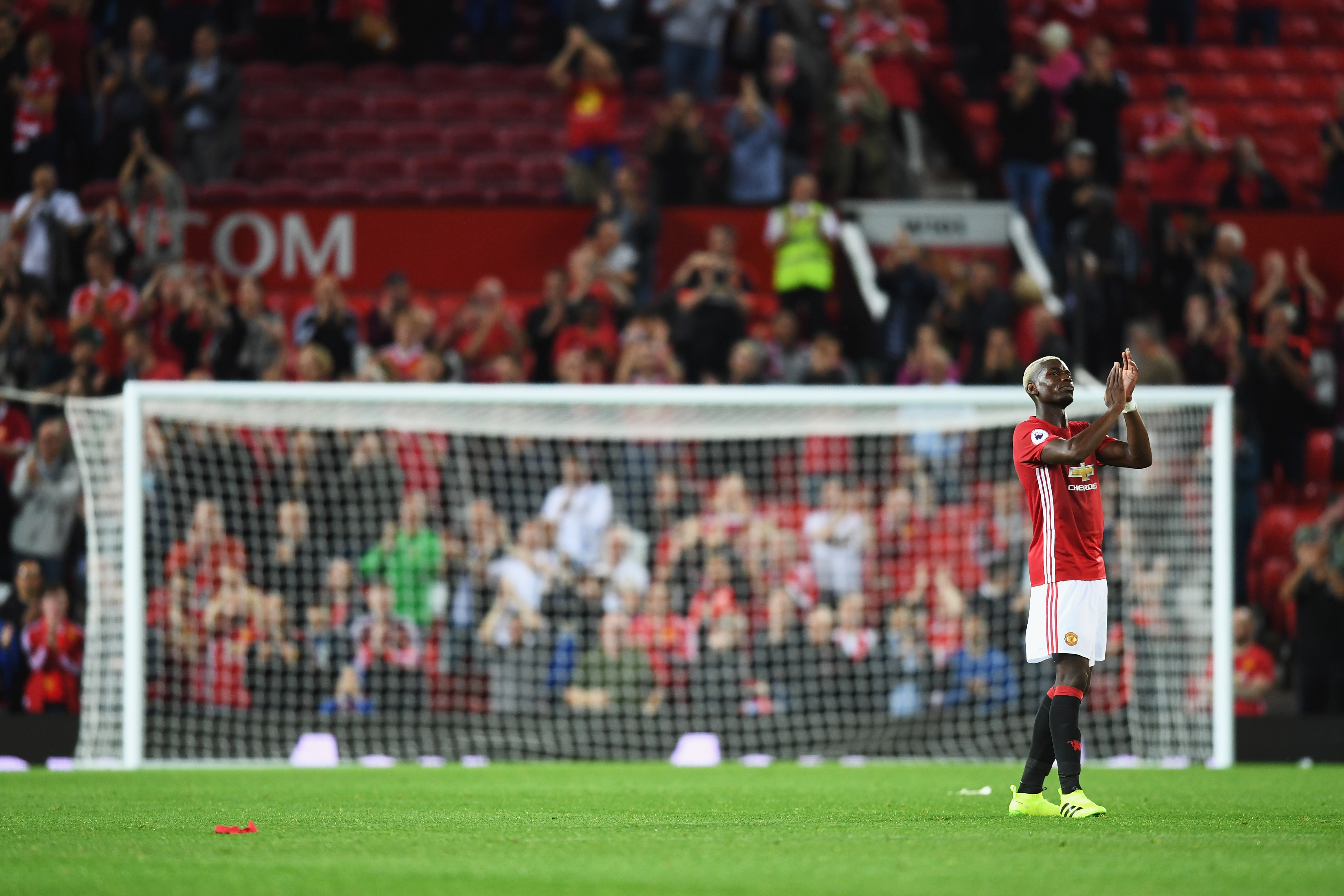 MANCHESTER, ENGLAND - AUGUST 19: Paul Pogba of Manchester United applauds the fans after the Premier League match between Manchester United and Southampton at Old Trafford on August 19, 2016 in Manchester, England. (Photo by Michael Regan/Getty Images)