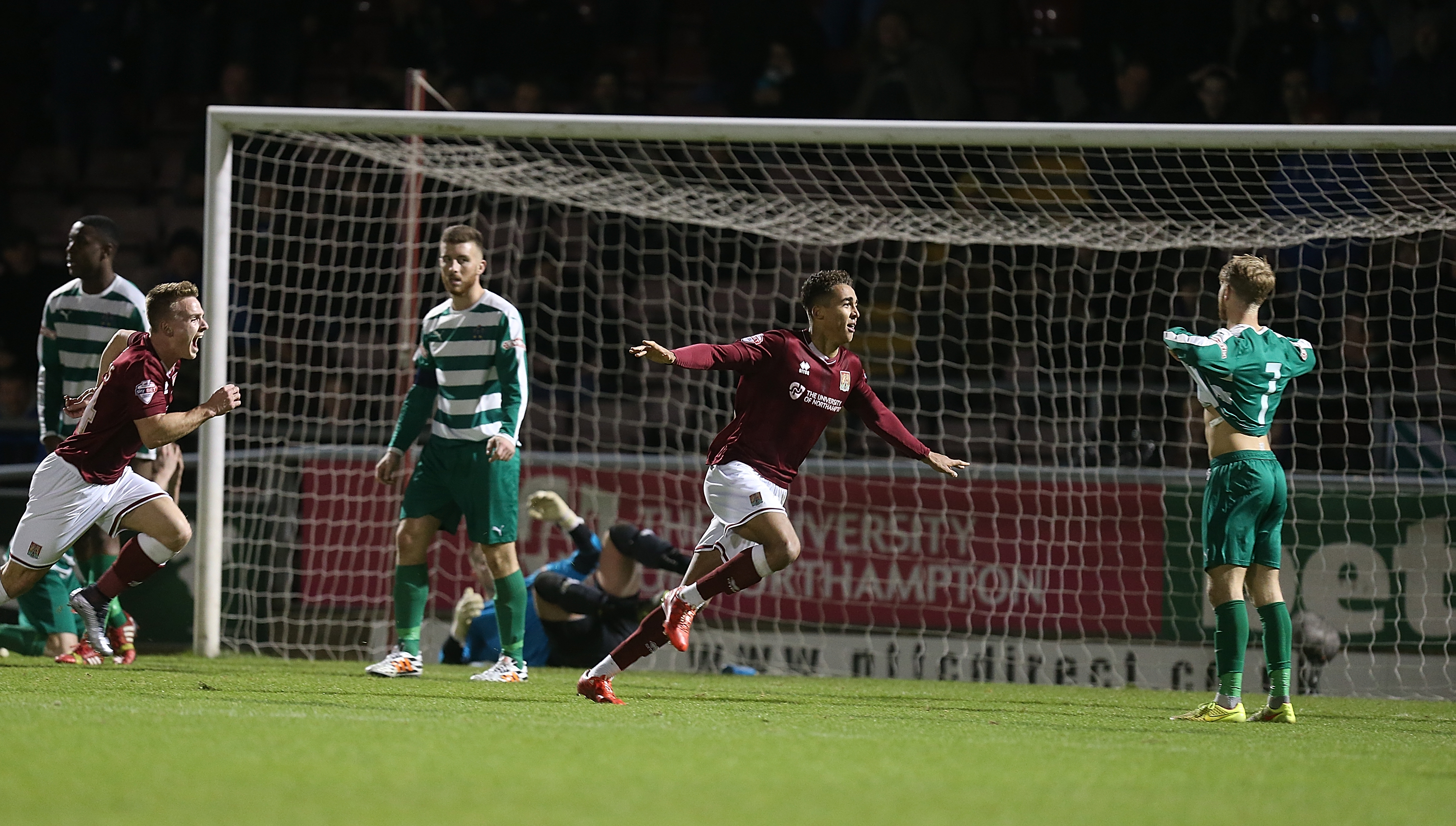 NORTHAMPTON, ENGLAND - DECEMBER 05: Dominic Calvert-Lewin of Northampton Town celebrates after scoring his sides third goal during The Emirates FA Cup Second Round match between Northampton Town and Northwich Victoria at Sixfields Stadium on December 5, 2015 in Northampton, England. (Photo by Pete Norton/Getty Images)