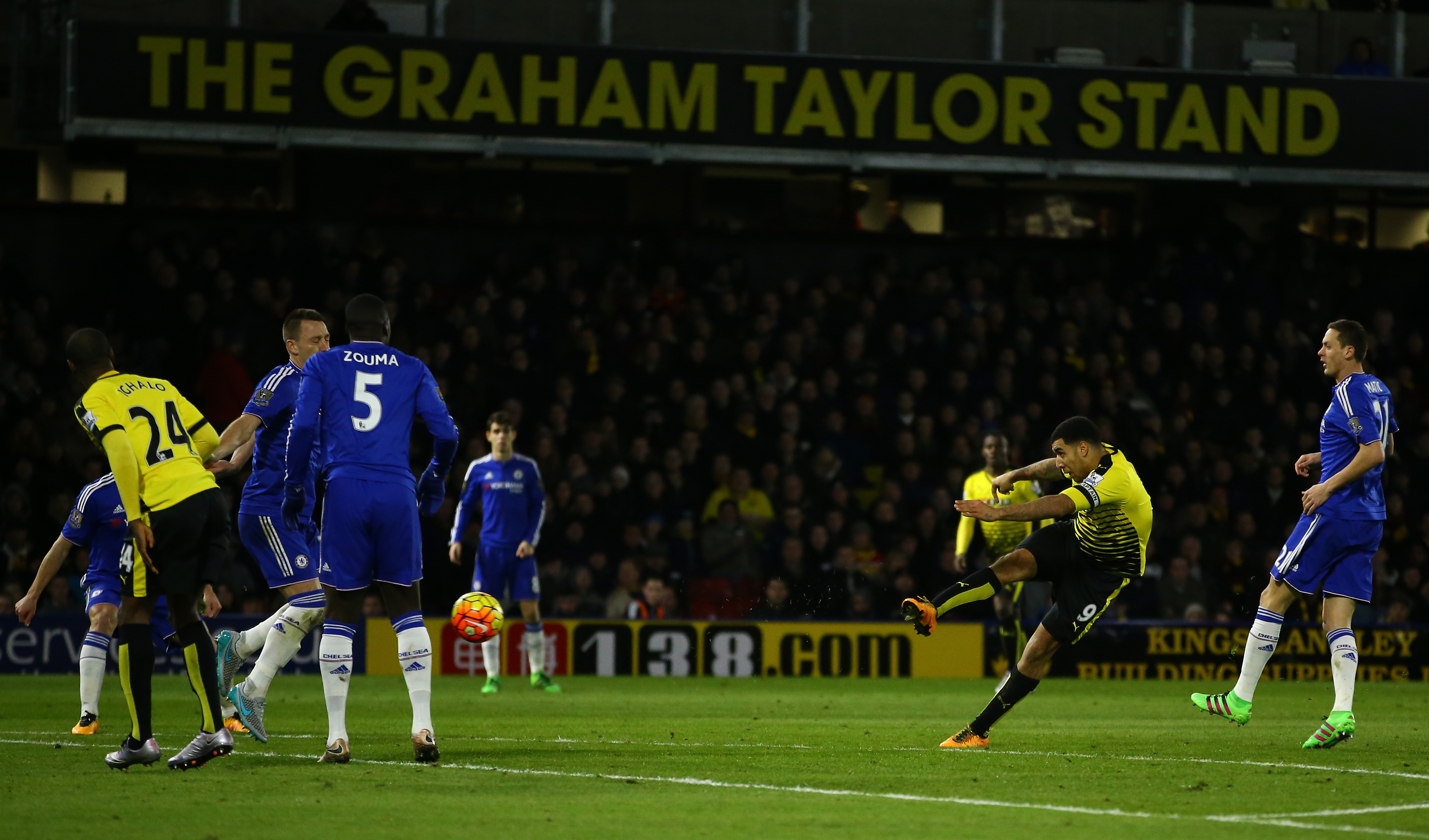 WATFORD, ENGLAND - FEBRUARY 03: Troy Deeney of Watford takes a shot on goal during the Barclays Premier League match between Watford and Chelsea at Vicarage Road on February 3, 2016 in Watford, England. (Photo by Richard Heathcote/Getty Images)