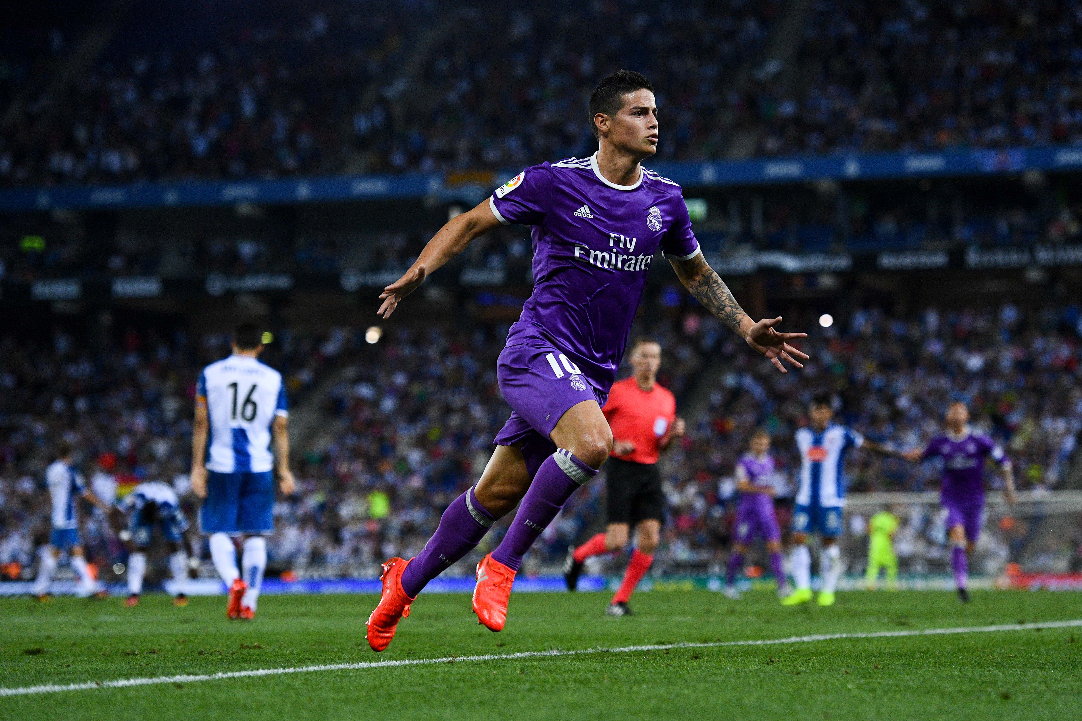 BARCELONA, SPAIN - SEPTEMBER 18:  James Rodriguez of Real Madrid CF celebrates after scoring his team's first goal during the La Liga match between RCD Espanyol and Real Madrid CF at the RCDE stadium on September 18, 2016 in Barcelona, Spain.  (Photo by David Ramos/Getty Images)