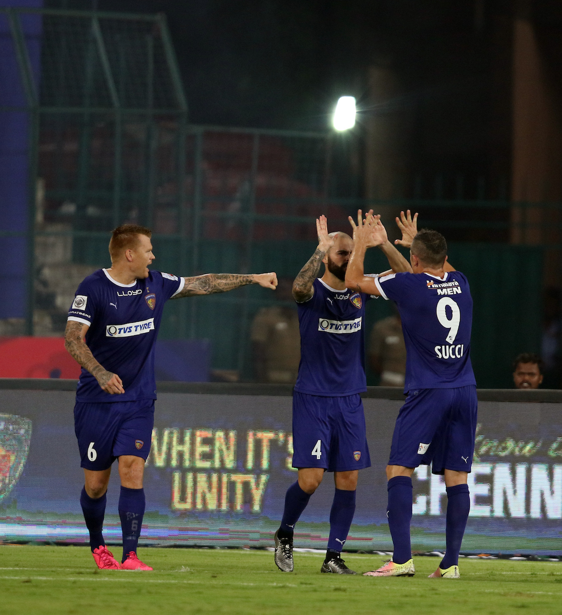 chennaiyin fc players celebrating goal against fc goaduring match 12 of the Indian Super League (ISL) season 3 between Chennaiyin FC and FC Goa held at the Jawaharlal Nehru Stadium, in Chennai, India on the 13th October 2016.

Photo by Rahul Goyal / ISL/ SPORTZPICS