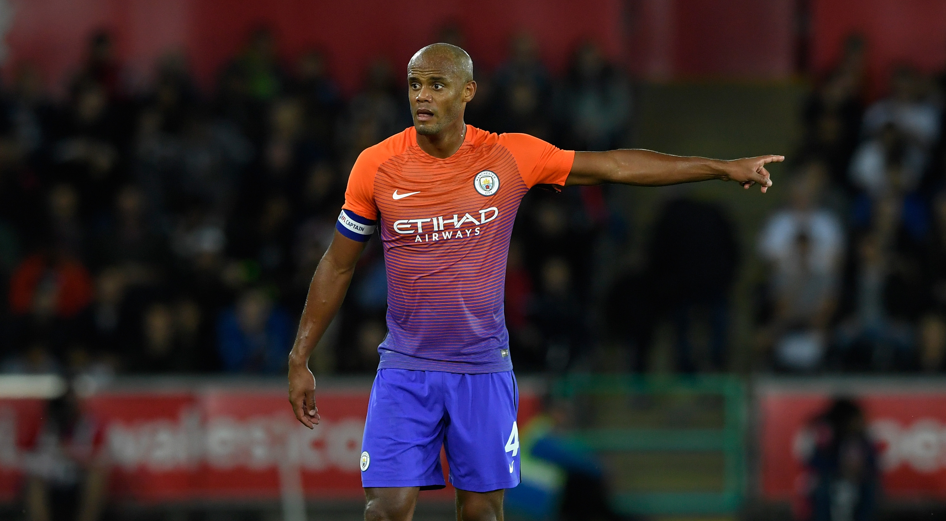 SWANSEA, WALES - SEPTEMBER 21:  Vincent Kompany of Manchester City in action during the EFL Cup Third Round match between Swansea City and Manchester City at the Liberty Stadium on September 21, 2016 in Swansea, Wales.  (Photo by Stu Forster/Getty Images)