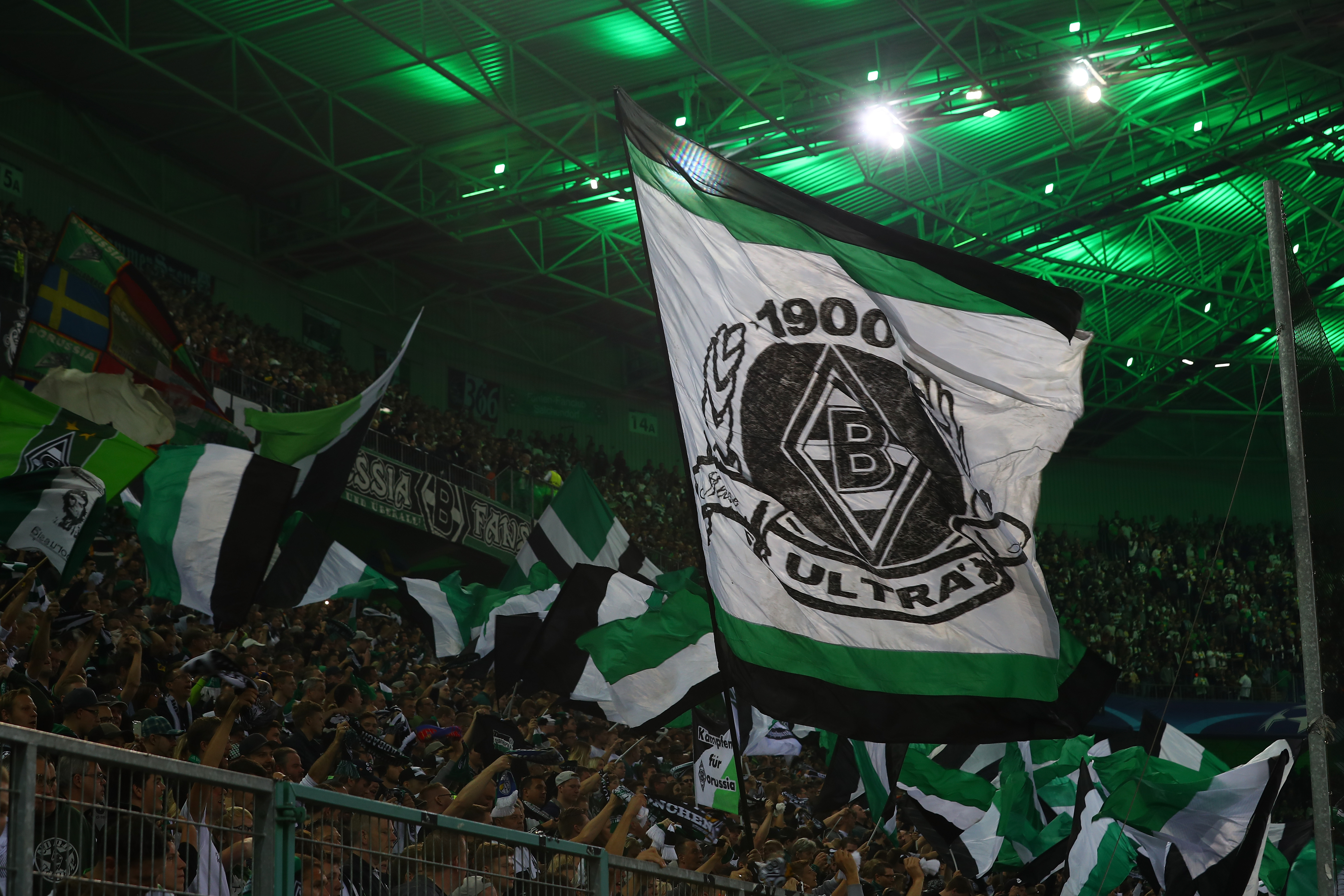 MOENCHENGLADBACH, GERMANY - SEPTEMBER 28:  Borussia Moenchengladbach fans show their support during the UEFA Champions League group C match between VfL Borussia Moenchengladbach and FC Barcelona at Borussia-Park on September 28, 2016 in Moenchengladbach, North Rhine-Westphalia.  (Photo by Dean Mouhtaropoulos/Bongarts/Getty Images)