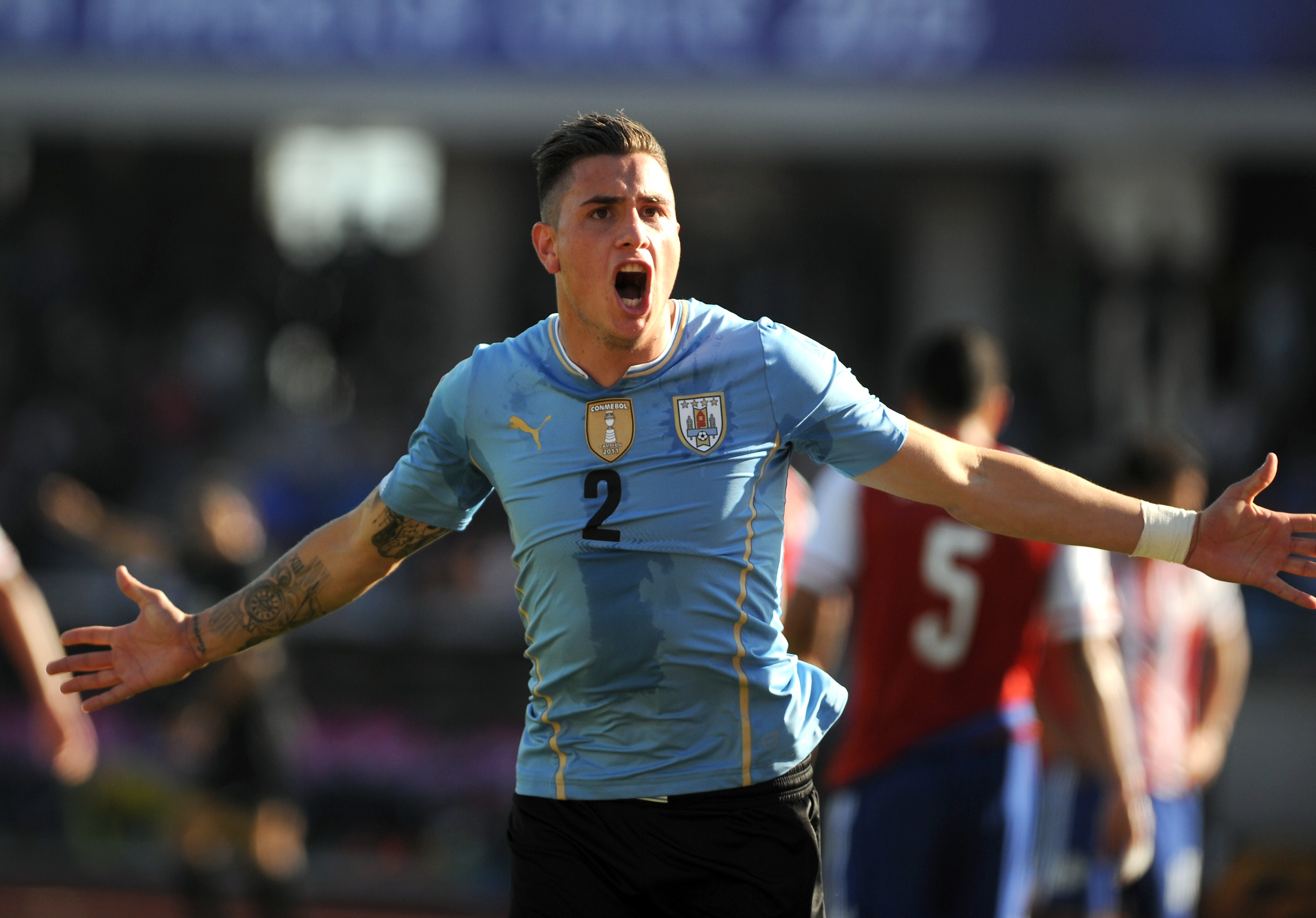 Uruguay's defender Jose Maria Gimenez celebrates after scoring against during their 2015 Copa America football championship, in La Serena, Chile, on June 20, 2015.    AFP PHOTO / VLADIMIR RODAS        (Photo credit should read VLADIMIR RODAS,VLADIMIR RODAS/AFP/Getty Images)