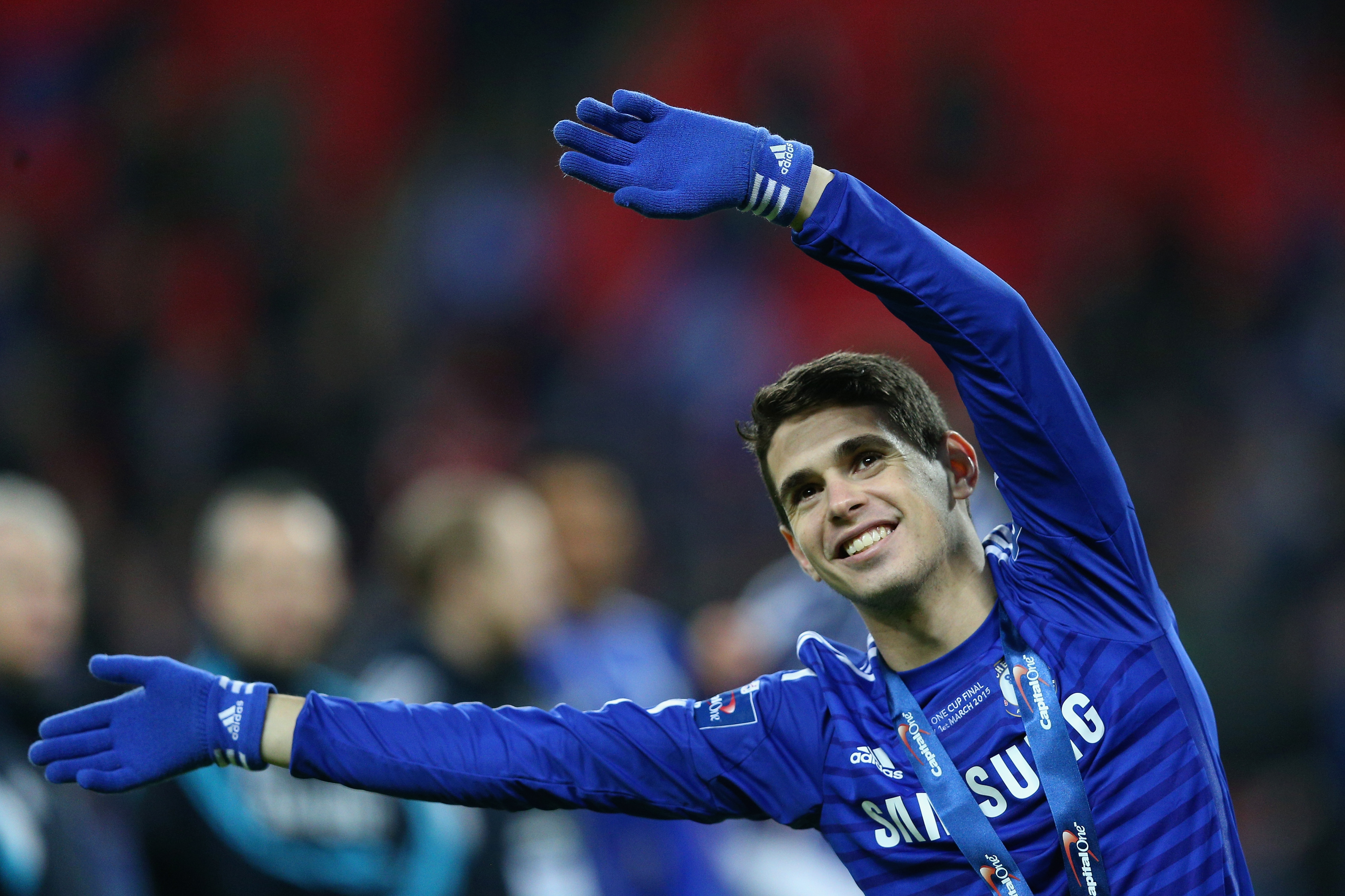 LONDON, ENGLAND - MARCH 01: Oscar of Chelsea celebrates after the Capital One Cup Final match between Chelsea and Tottenham Hotspur at Wembley Stadium on March 1, 2015 in London, England. (Photo by Clive Mason/Getty Images)