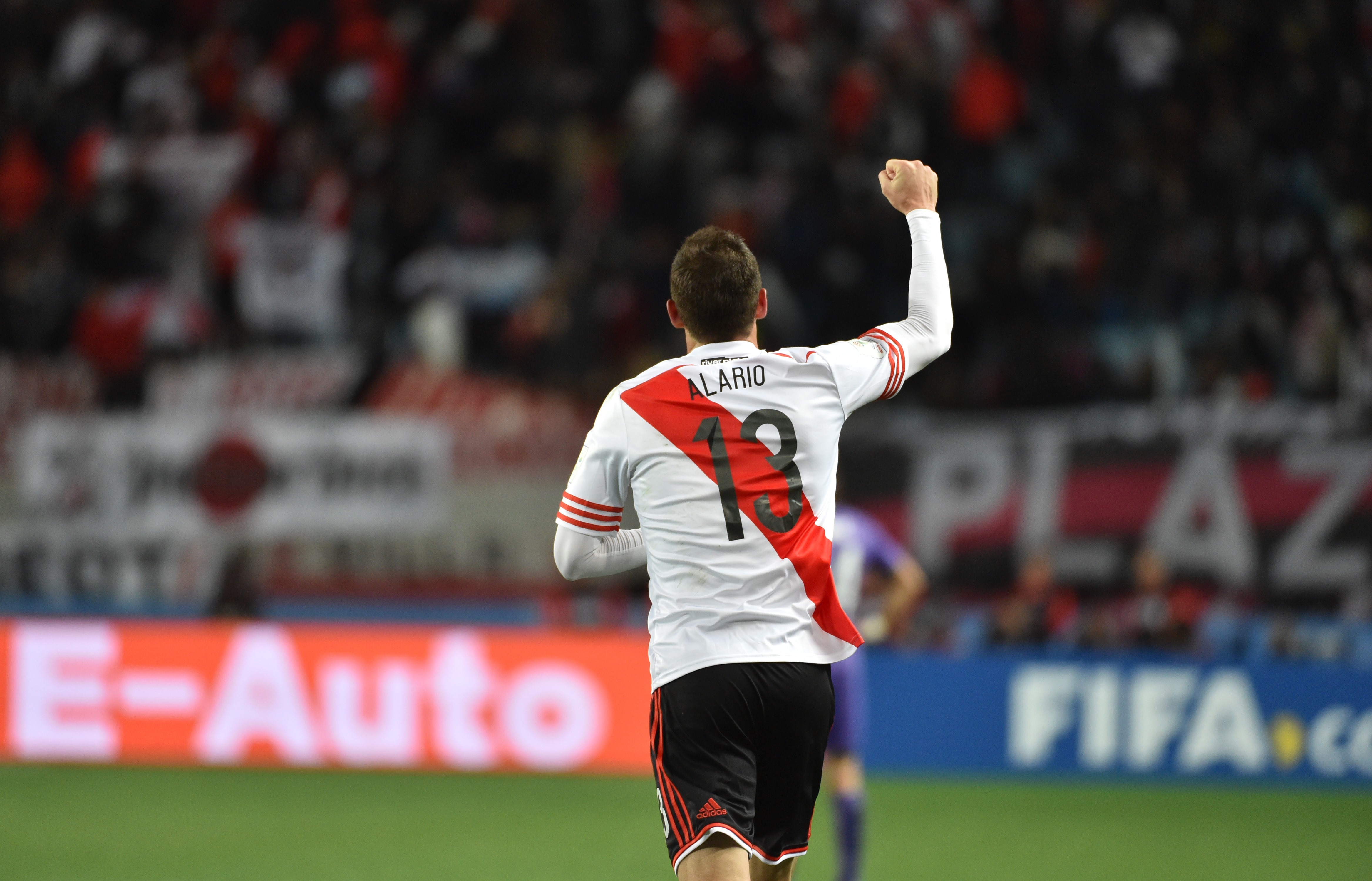 River Plate forward Lucas Alario celebrates his winning goal against Sanfrecce Hiroshima during their Club World Cup semi-final football match in Osaka on December 16, 2015. AFP PHOTO / KAZUHIRO NOGI / AFP / KAZUHIRO NOGI        (Photo credit should read KAZUHIRO NOGI/AFP/Getty Images)