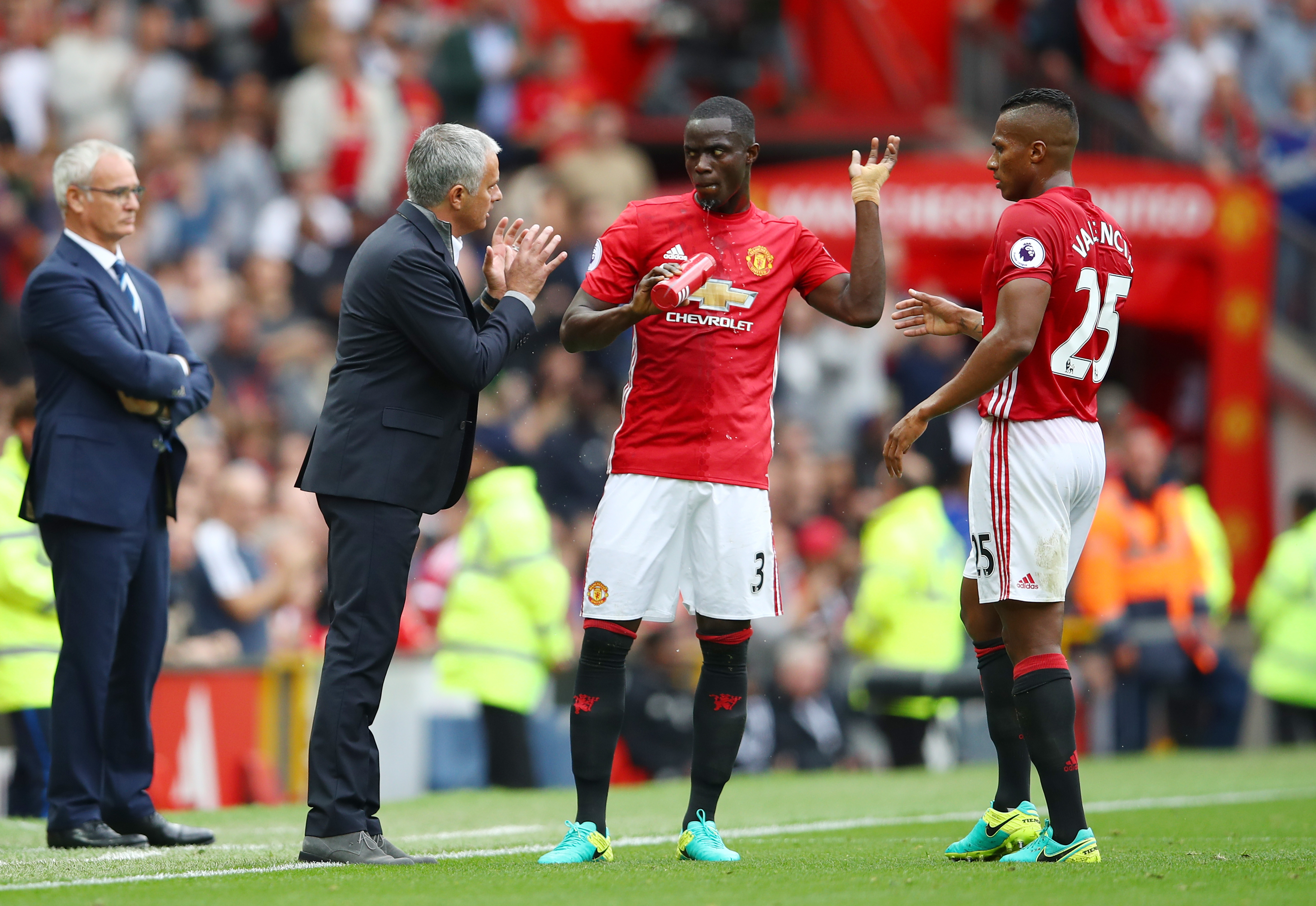 MANCHESTER, ENGLAND - SEPTEMBER 24: Jose Mourinho, Manager of Manchester United gives Eric Bailly of Manchester United and Antonio Valencia of Manchester United instructions during the Premier League match between Manchester United and Leicester City at Old Trafford on September 24, 2016 in Manchester, England.  (Photo by Clive Brunskill/Getty Images)