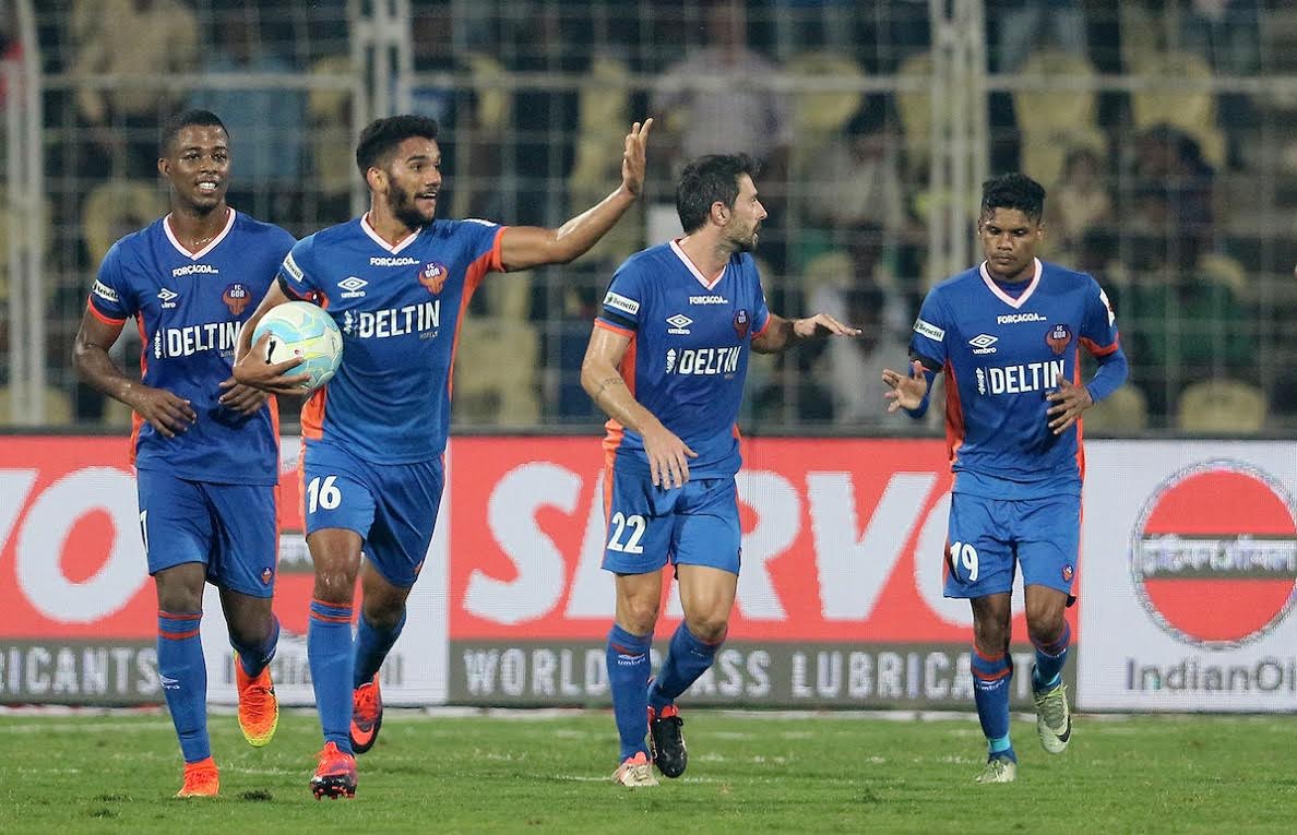 Dom Sahil Tavora of FC Goa celebrates a goal with his teammates during match 53 of the Indian Super League (ISL) season 3 between FC Goa and Chennaiyin FC held at the Fatorda Stadium in Goa, India on the 1st December 2016.
Photo by Vipin Pawar / ISL / SPORTZPICS