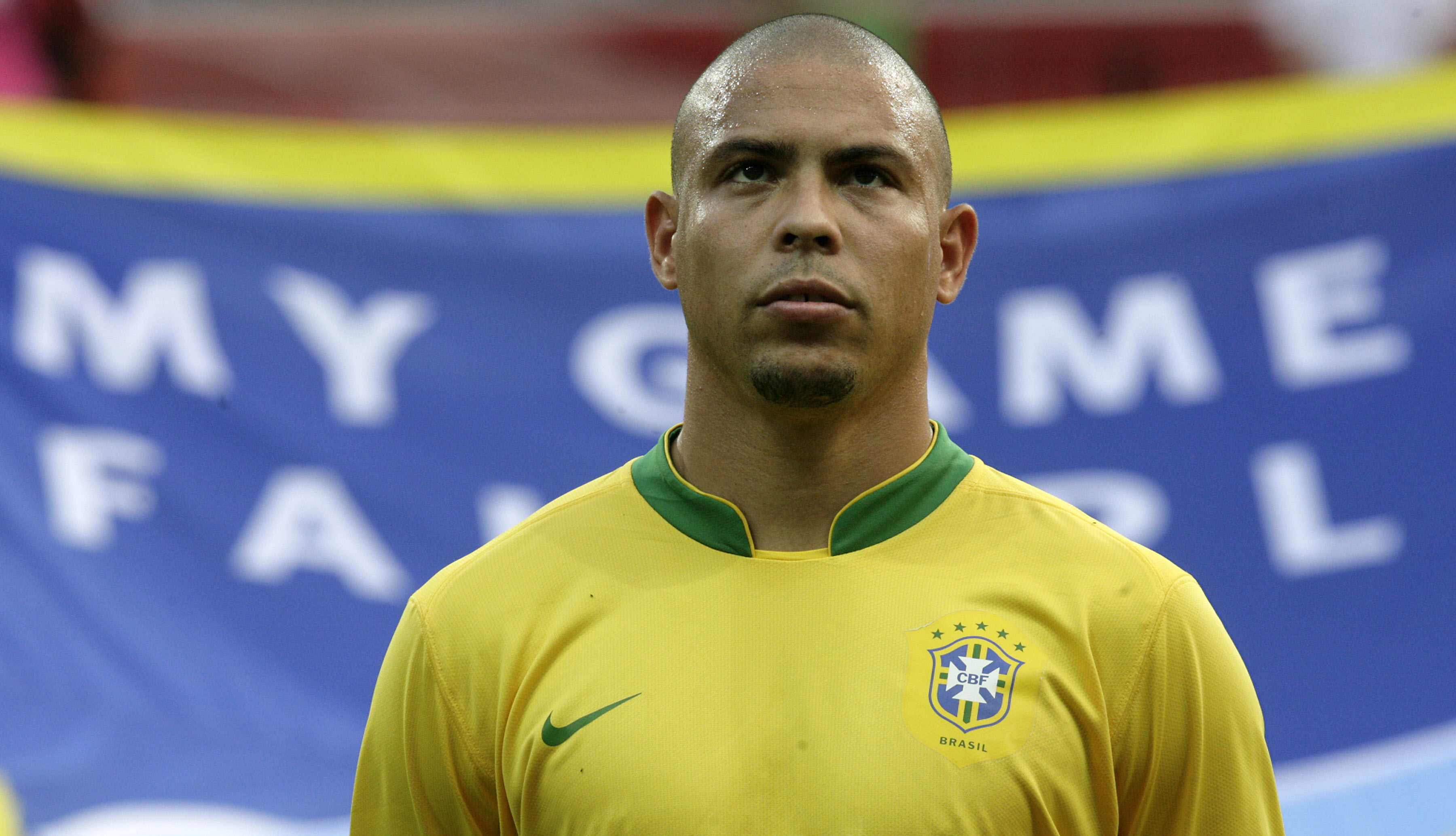 Brazilian forward Ronaldo listens to the national anthems at the start of the quarter-final World Cup football match between Brazil and France at Frankfurt's World Cup Stadium, 01 July 2006. The winner of this match will take on Portugal in the semifinals, who earlier beat England in a penalty shootout. AFP PHOTO / ANTONIO SCORZA (Photo credit should read ANTONIO SCORZA/AFP/Getty Images)