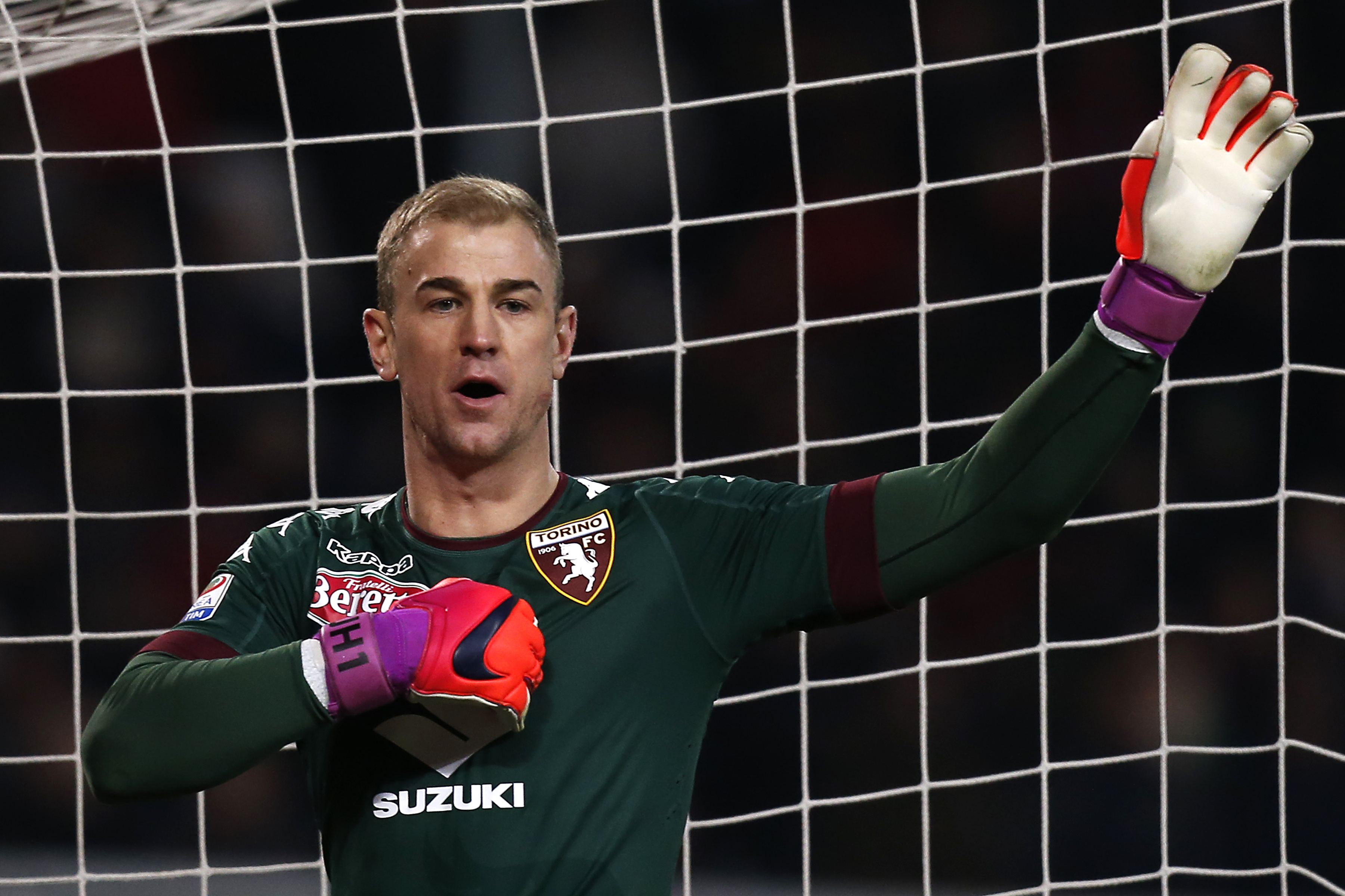 Torino's English goalkeeper Joe Hart reacts during the Italian Serie A football match between Torino and AC Milan on January 16, 2017, at the Grande Torino Stadium in Turin. / AFP / MARCO BERTORELLO (Photo credit should read MARCO BERTORELLO/AFP/Getty Images)