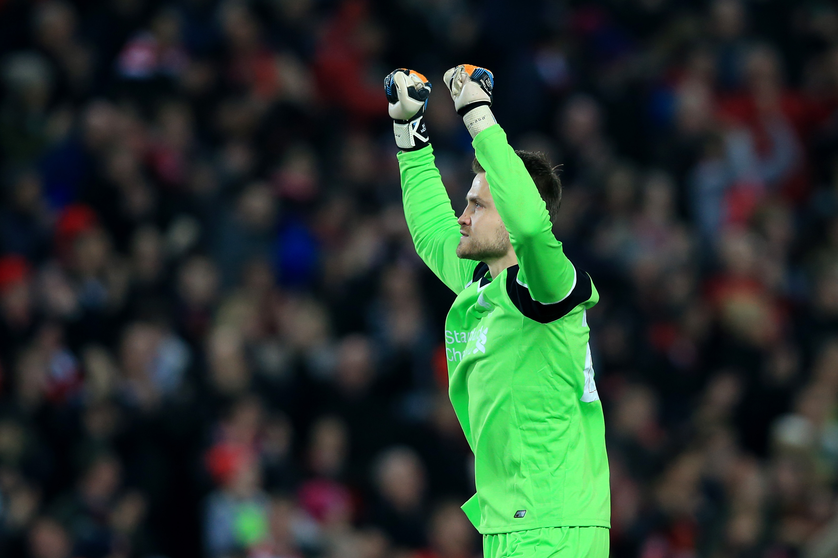 LIVERPOOL, ENGLAND - OCTOBER 25: Simon Mignolet of Liverpool celebrates after the final whistle during the EFL Cup fourth round match between Liverpool and Tottenham Hotspur at Anfield on October 25, 2016 in Liverpool, England.  (Photo by Jan Kruger/Getty Images)