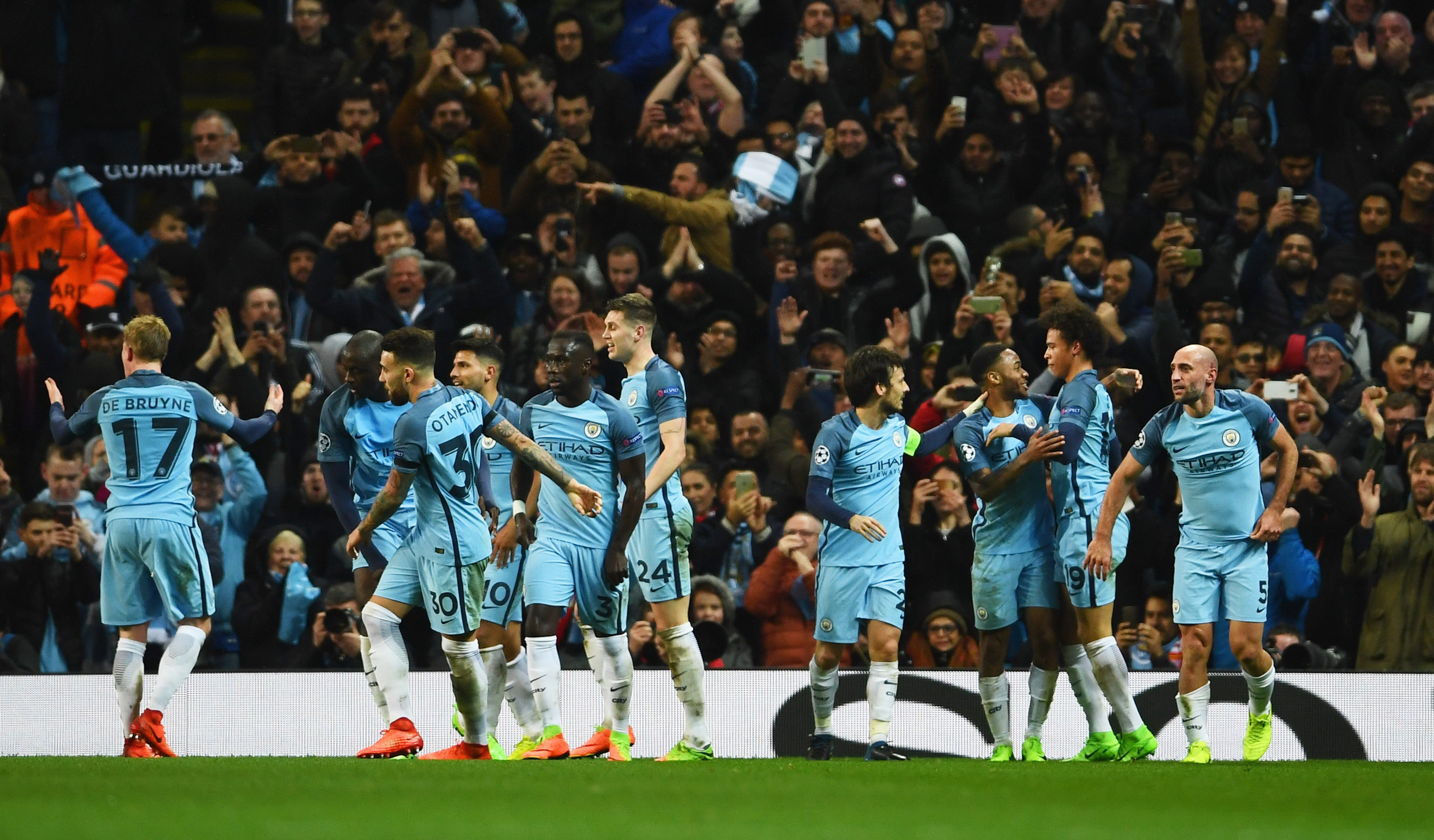 MANCHESTER, ENGLAND - FEBRUARY 21:  Leroy Sane of Manchester City (3R) celebrates as he scores their fifth goal with team mates during the UEFA Champions League Round of 16 first leg match between Manchester City FC and AS Monaco at Etihad Stadium on February 21, 2017 in Manchester, United Kingdom.  (Photo by Laurence Griffiths/Getty Images)