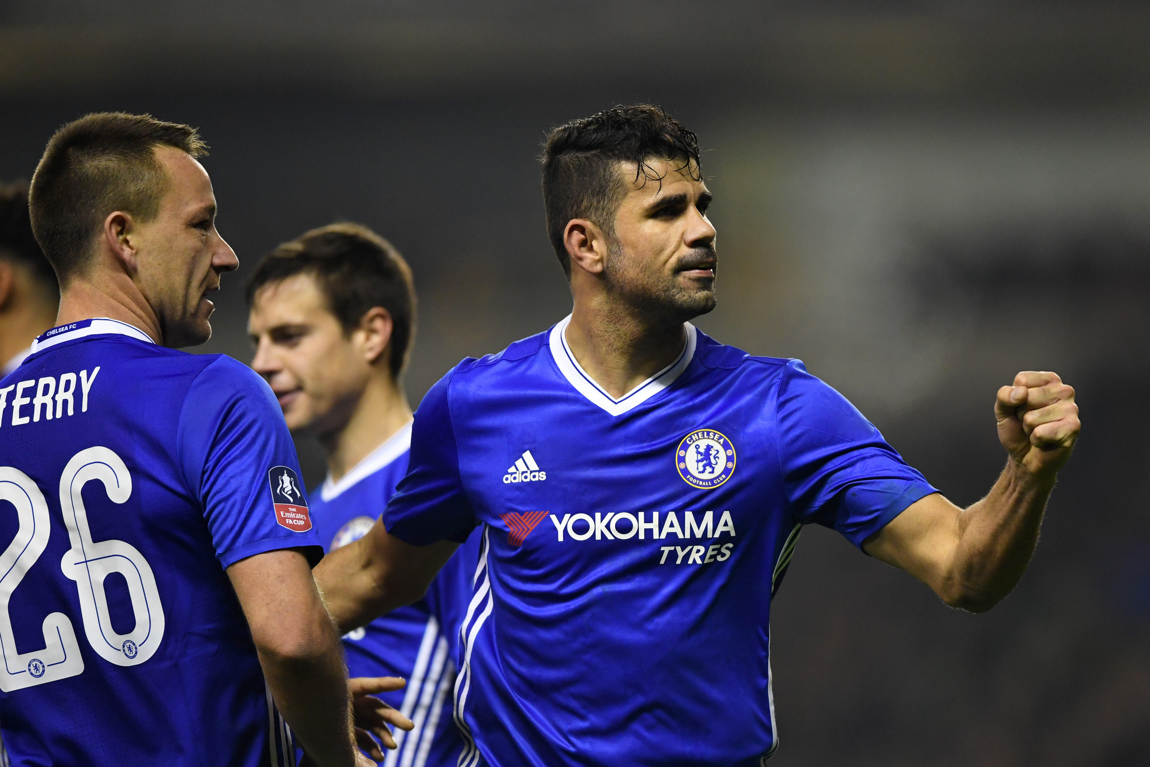 WOLVERHAMPTON, ENGLAND - FEBRUARY 18: Diego Costa of Chelsea celebrates scoring his sides second goal during The Emirates FA Cup Fifth Round match between Wolverhampton Wanderers and Chelsea at Molineux on February 18, 2017 in Wolverhampton, England. (Photo by Shaun Botterill/Getty Images)