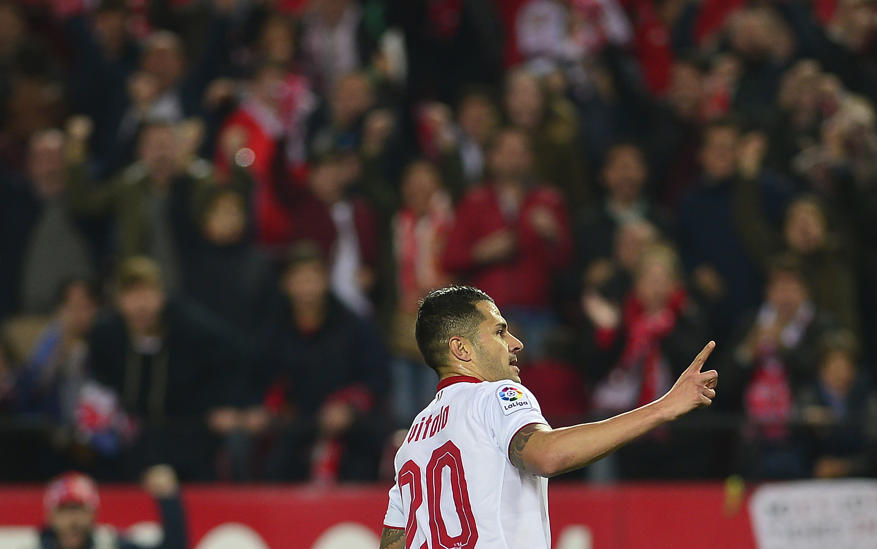 Sevilla's midfielder Vitolo celebrates after scoring during the Spanish league football match Sevilla FC vs SD Eibar on February 18, 2017.
Sevilla won 2-0. / AFP / CRISTINA QUICLER        (Photo credit should read CRISTINA QUICLER/AFP/Getty Images)