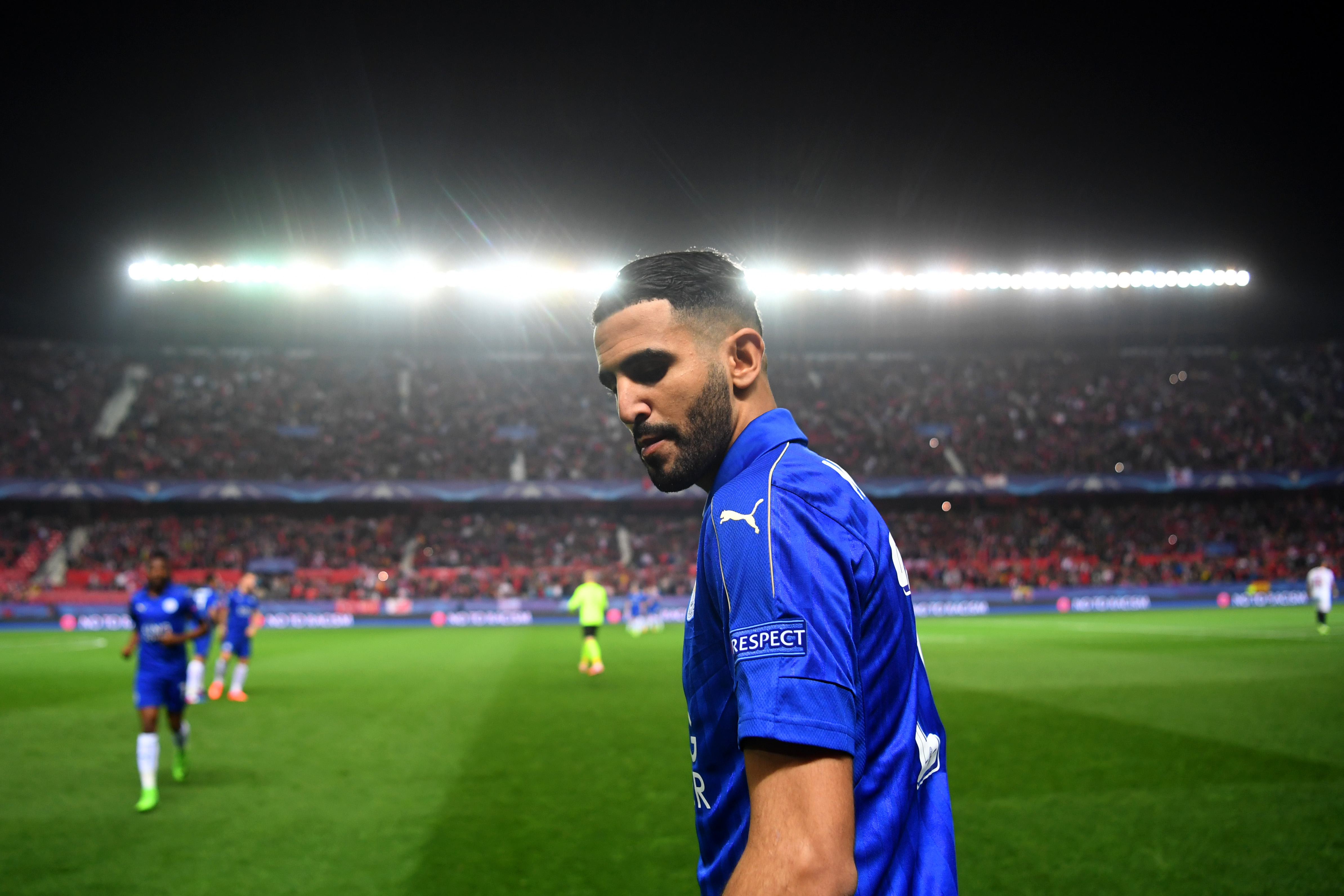 SEVILLE, ENGLAND - FEBRUARY 22:  Riyad Mahrez of Leicester City looks on before the UEFA Champions League Round of 16 first leg match between Sevilla FC and Leicester City at Estadio Ramon Sanchez Pizjuan on February 22, 2017 in Seville, Spain.  (Photo by Michael Regan/Getty Images)