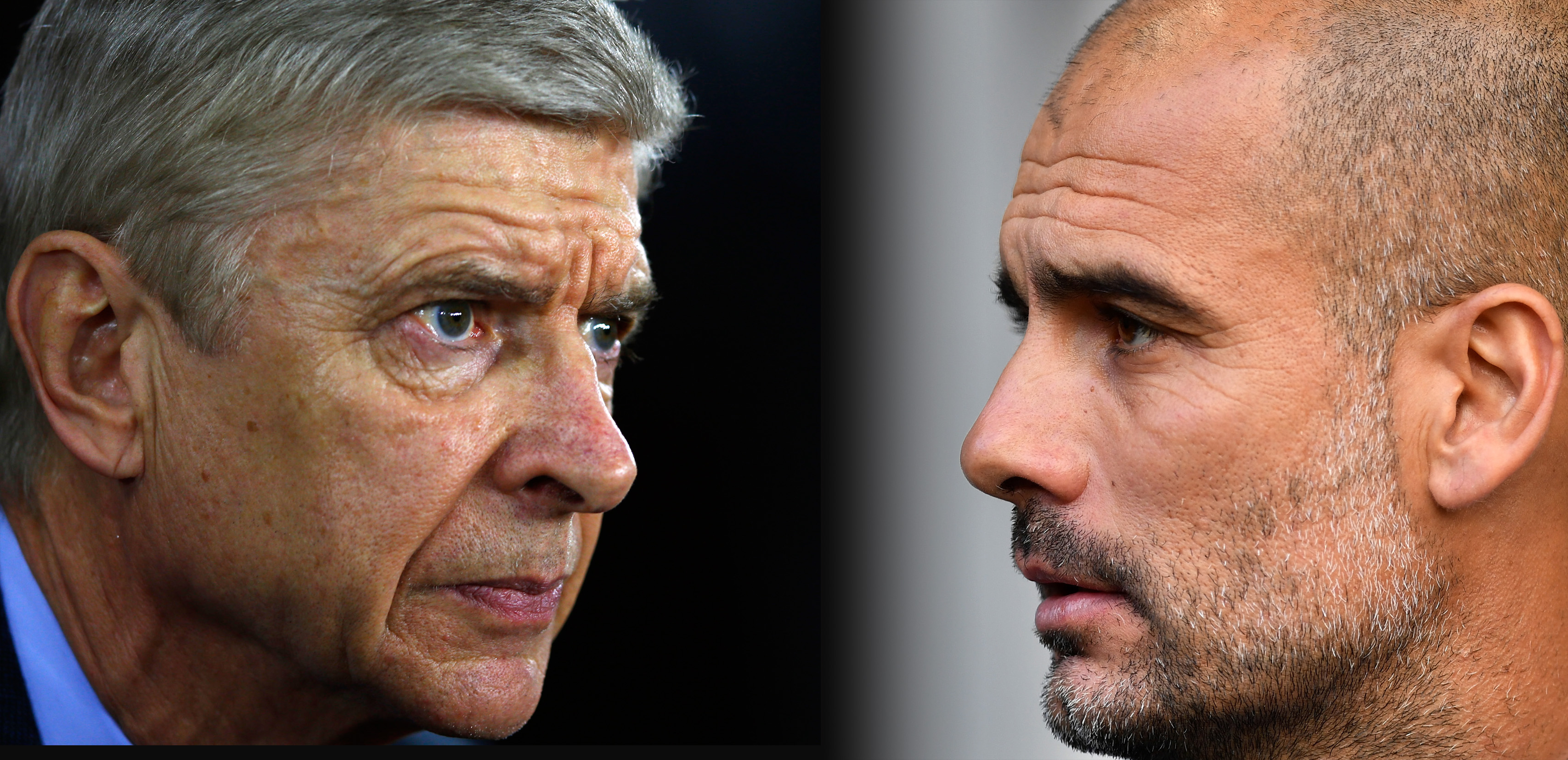 FILE PHOTO (EDITORS NOTE: GRADIENT ADDED - COMPOSITE OF TWO IMAGES - Image numbers (L) 502540908 and 612040098) In this composite image a comparision has been made between Arsene Wenger, Manager of Arsenal and Josep Guardiola, Manager of Manchester City. Arsenal and Manchester City meet in a Premier League match on April 2, 2017 at the Emirates Stadium in London. ***LEFT IMAGE*** SOUTHAMPTON, ENGLAND - DECEMBER 26: Arsene Wenger manager of Arsenal during the Barclays Premier League match between Southampton and Arsenal at St Mary's Stadium on December 26, 2015 in Southampton, England. (Photo by Christopher Lee/Getty Images) ***RIGHT IMAGE*** LONDON, ENGLAND - OCTOBER 02: Josep Guardiola, Manager of Manchester City looks on during the Premier League match between Tottenham Hotspur and Manchester City at White Hart Lane on October 2, 2016 in London, England. (Photo by Dan Mullan/Getty Images)