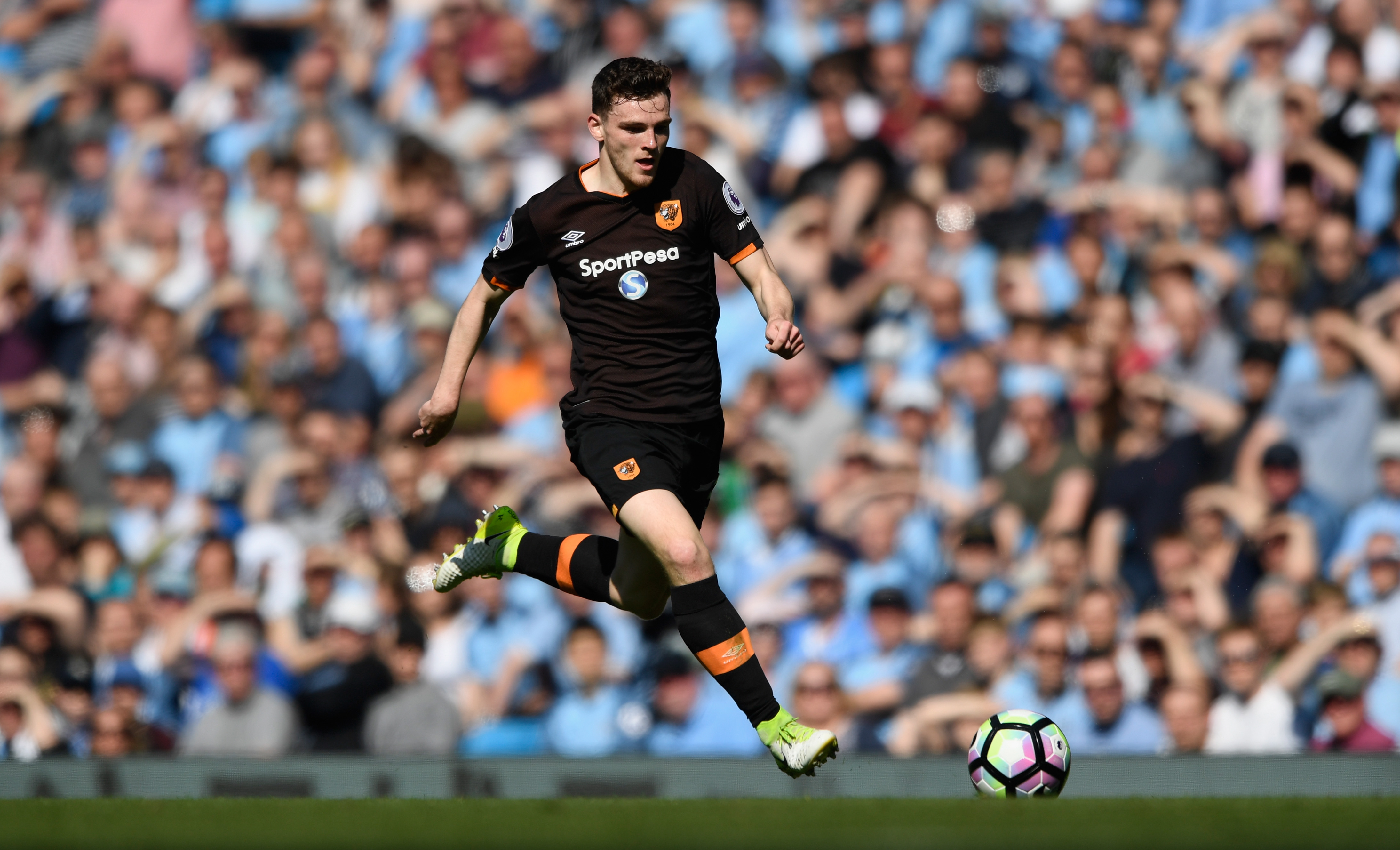 MANCHESTER, ENGLAND - APRIL 08:  Andrew Robertson of Hull in action during the Premier League match between Manchester City and Hull City at Etihad Stadium on April 8, 2017 in Manchester, England.  (Photo by Stu Forster/Getty Images)