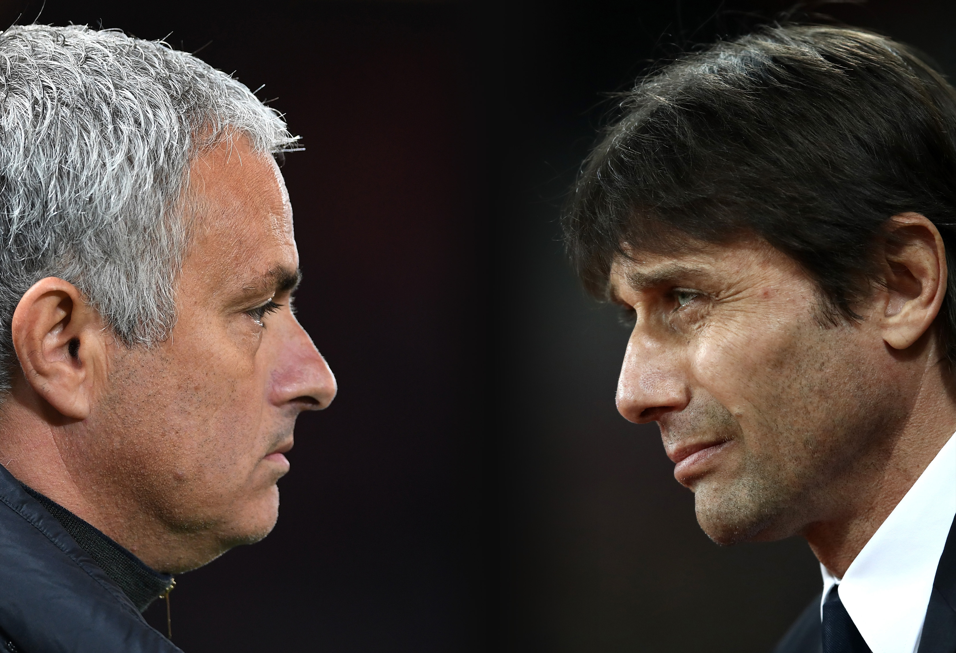 FILE PHOTO (EDITORS NOTE: GRADIENT ADDED - COMPOSITE OF TWO IMAGES - Image numbers (L) 615867896 and 648790080) In this composite image a comparision has been made between Jose Mourinho,Manager of Manchester United (L) and Antonio Conte, Manager of Chelsea. Chelsea and Manchester United meet a Premier Laegue match at Old Trafford on April 16, 2017 in Manchester,England. ***LEFT IMAGE*** MANCHESTER, ENGLAND - OCTOBER 20: Jose Mourinho the manager of Manchester United looks on during the UEFA Europa League Group A match between Manchester United FC and Fenerbahce SK at Old Trafford on October 20, 2016 in Manchester, England. (Photo by Laurence Griffiths/Getty Images) ***RIGHT IMAGE*** STRATFORD, ENGLAND - MARCH 06: Antonio Conte, Manager of Chelsea looks on during the Premier League match between West Ham United and Chelsea at London Stadium on March 6, 2017 in Stratford, England. (Photo by Julian Finney/Getty Images)
Restrictions