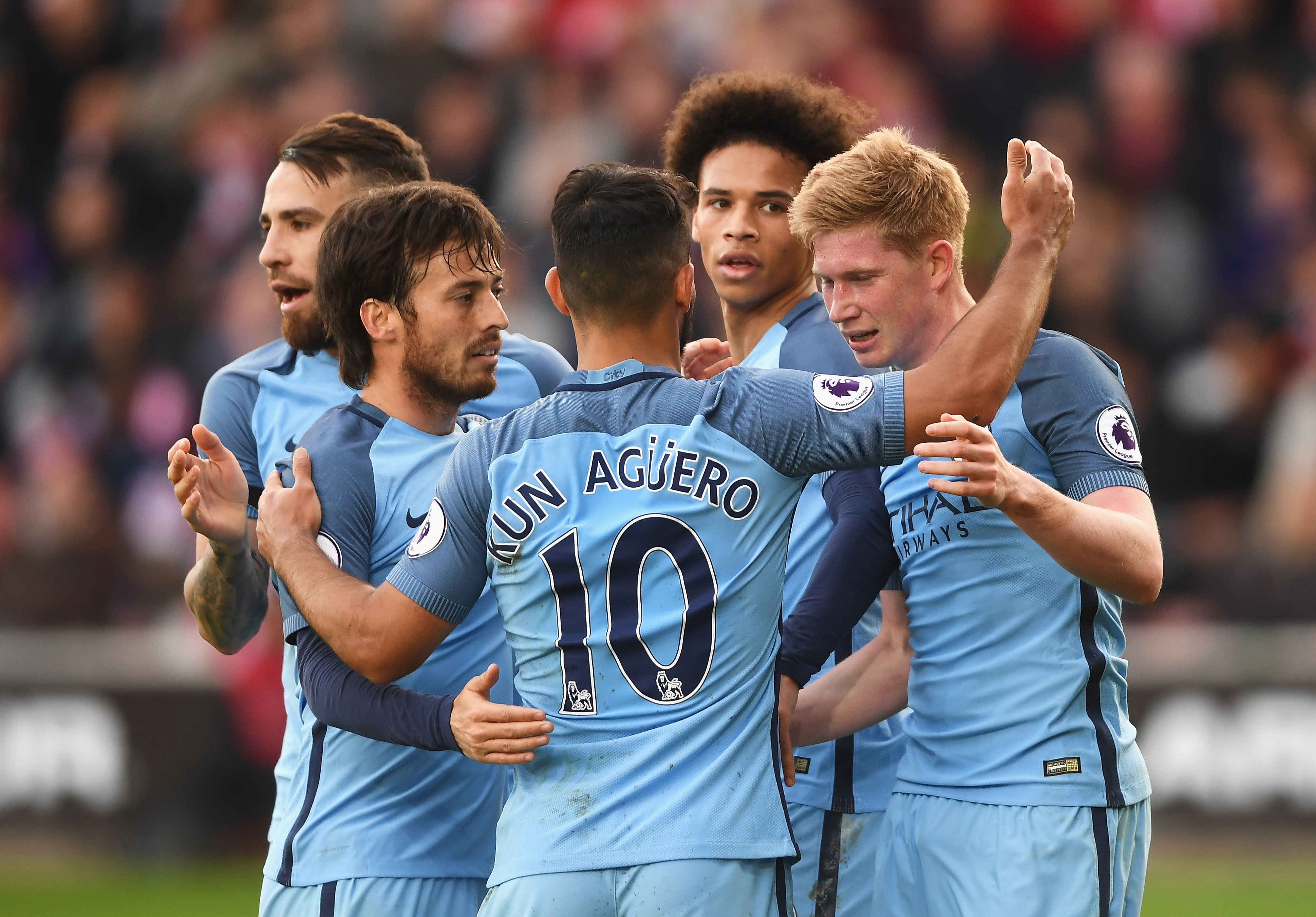 Leroy Sane worked brilliantly well with Aguero and Sterling to set up a goal, which was disallowed.  (Photo by Mike Hewitt/Getty Images)