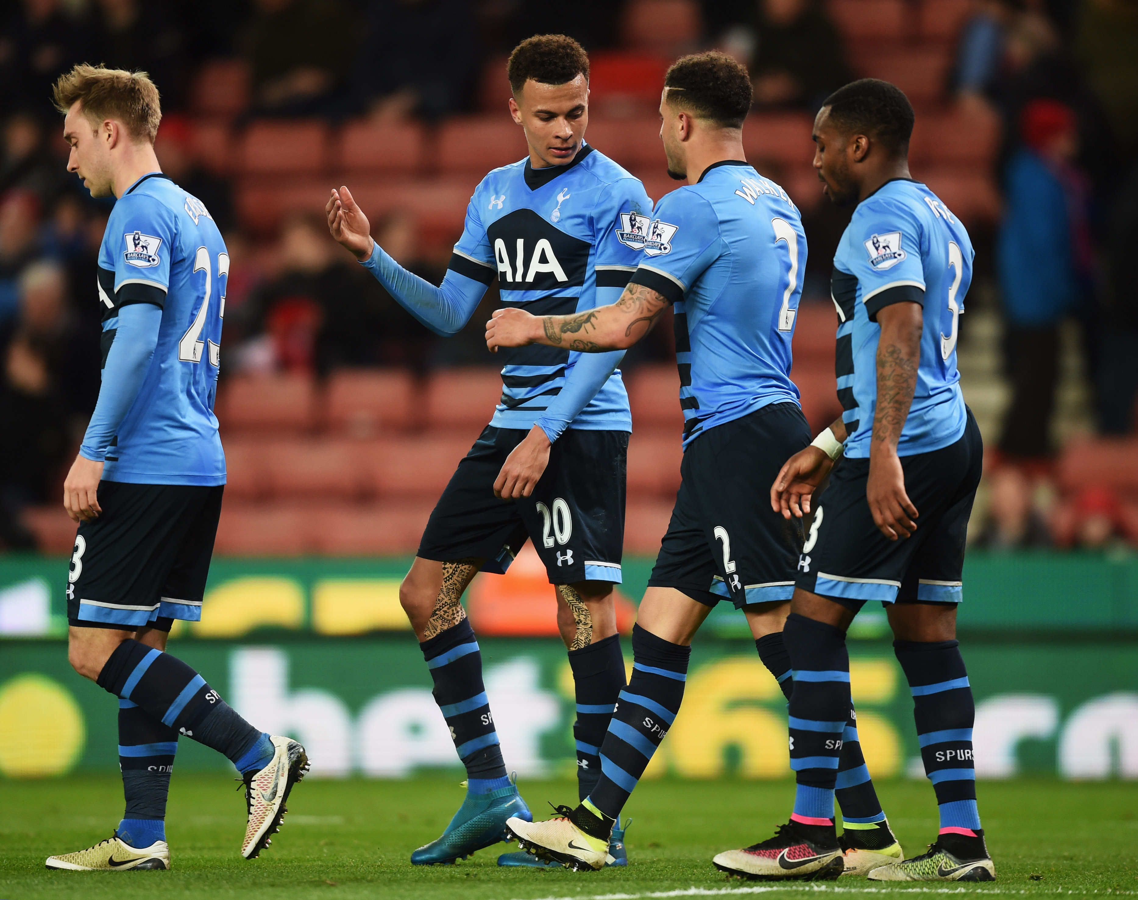 STOKE ON TRENT, ENGLAND - APRIL 18: Dele Alli of Tottenham Hotspur (2L) celebrates with Kyle Walker and Danny Rose as he scores their fourth goal and his second during the Barclays Premier League match between Stoke City and Tottenham Hotspur at the Britannia Stadium on April 18, 2016 in Stoke on Trent, England. (Photo by Michael Regan/Getty Images)