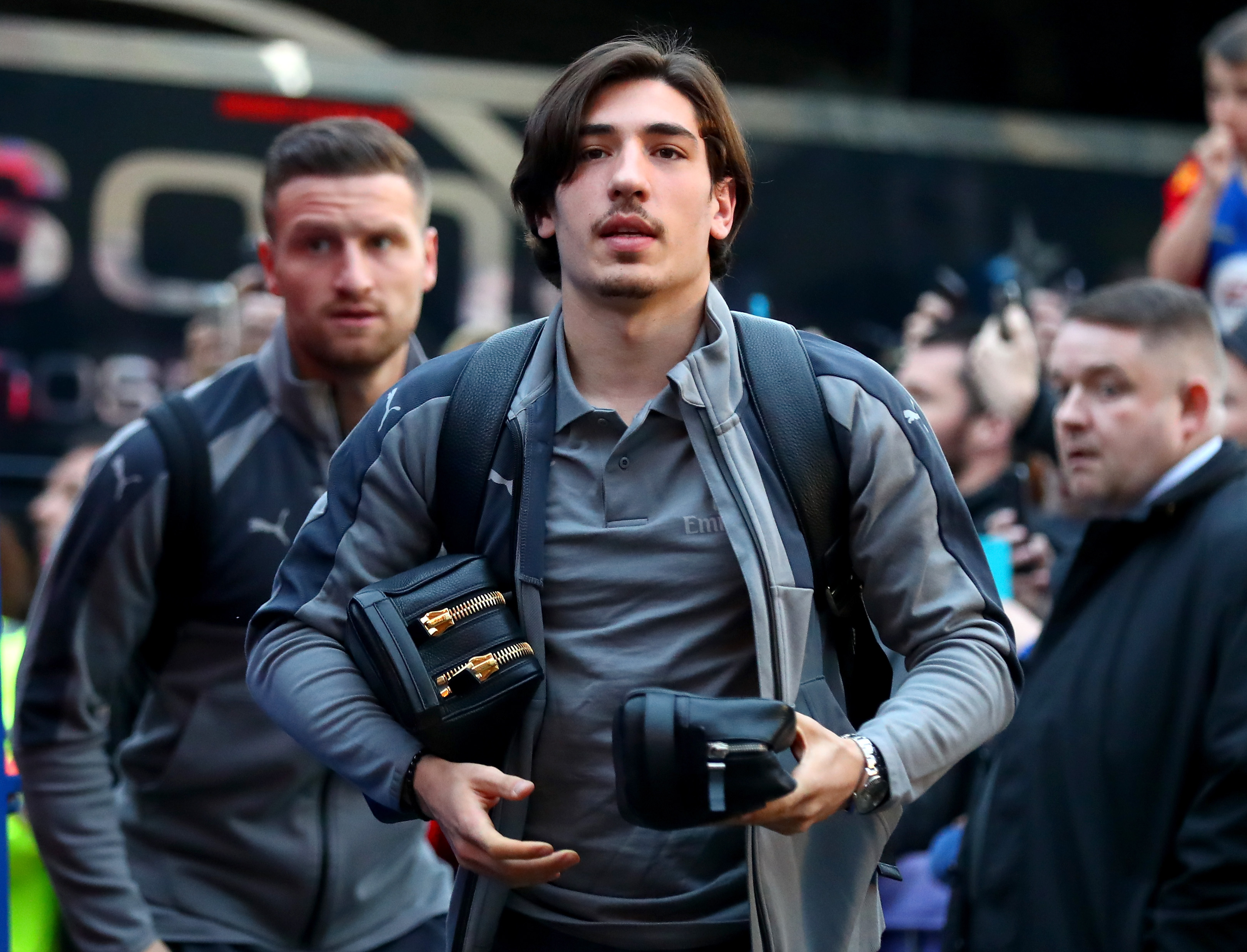 LONDON, ENGLAND - APRIL 10:  Hector Bellerin and Shkodran Mustafi of Arsenal arrive prior to the Premier League match between Crystal Palace and Arsenal at Selhurst Park on April 10, 2017 in London, England.  (Photo by Clive Rose/Getty Images)