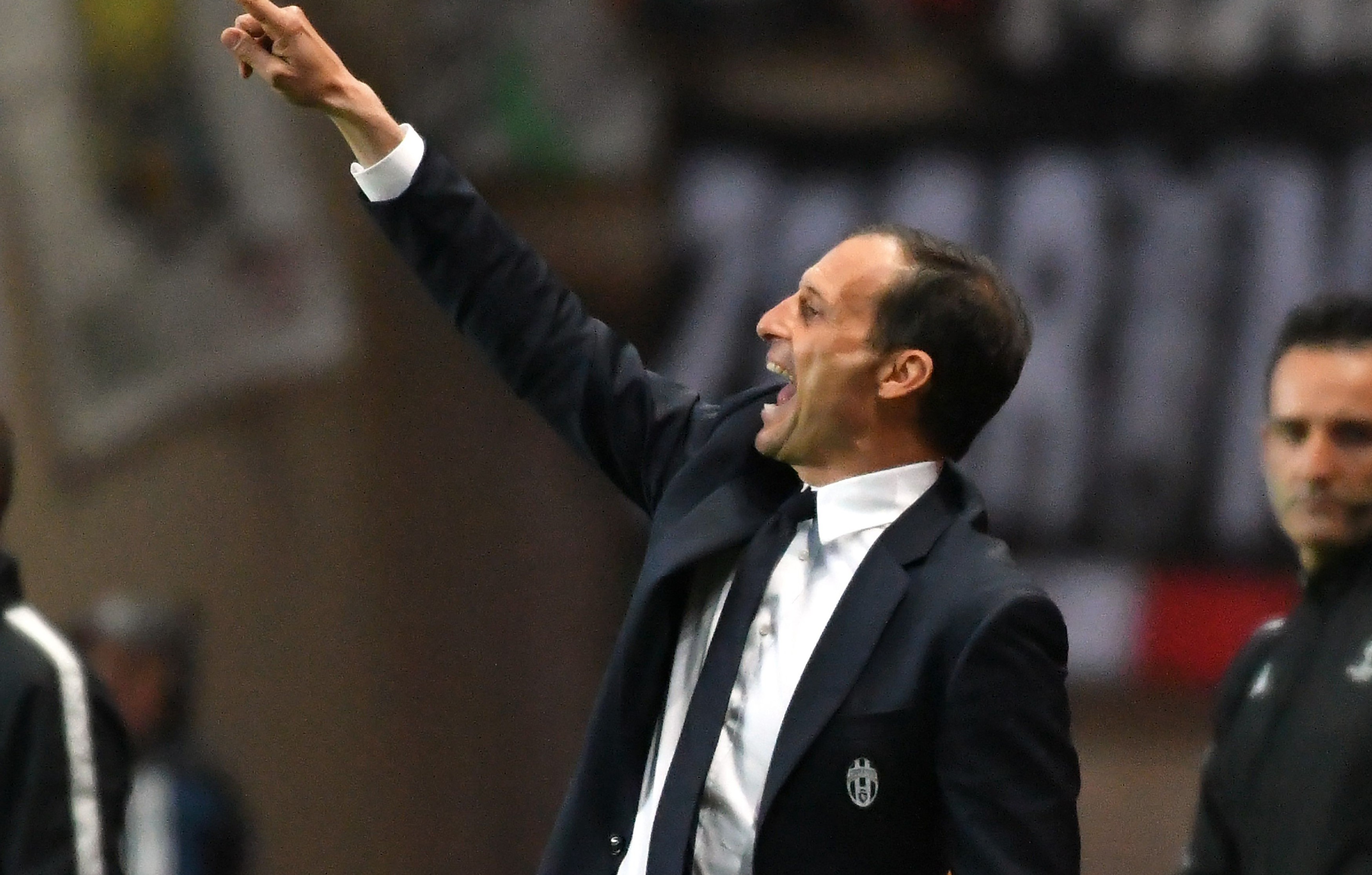 Juventus' coach from Italy Massimiliano Allegri (C) gestures during the UEFA Champions League semi-final first leg football match between Monaco and Juventus at the Stade Louis II stadium in Monaco on May 3, 2017. / AFP PHOTO / PASCAL GUYOT (Photo credit should read PASCAL GUYOT/AFP/Getty Images)