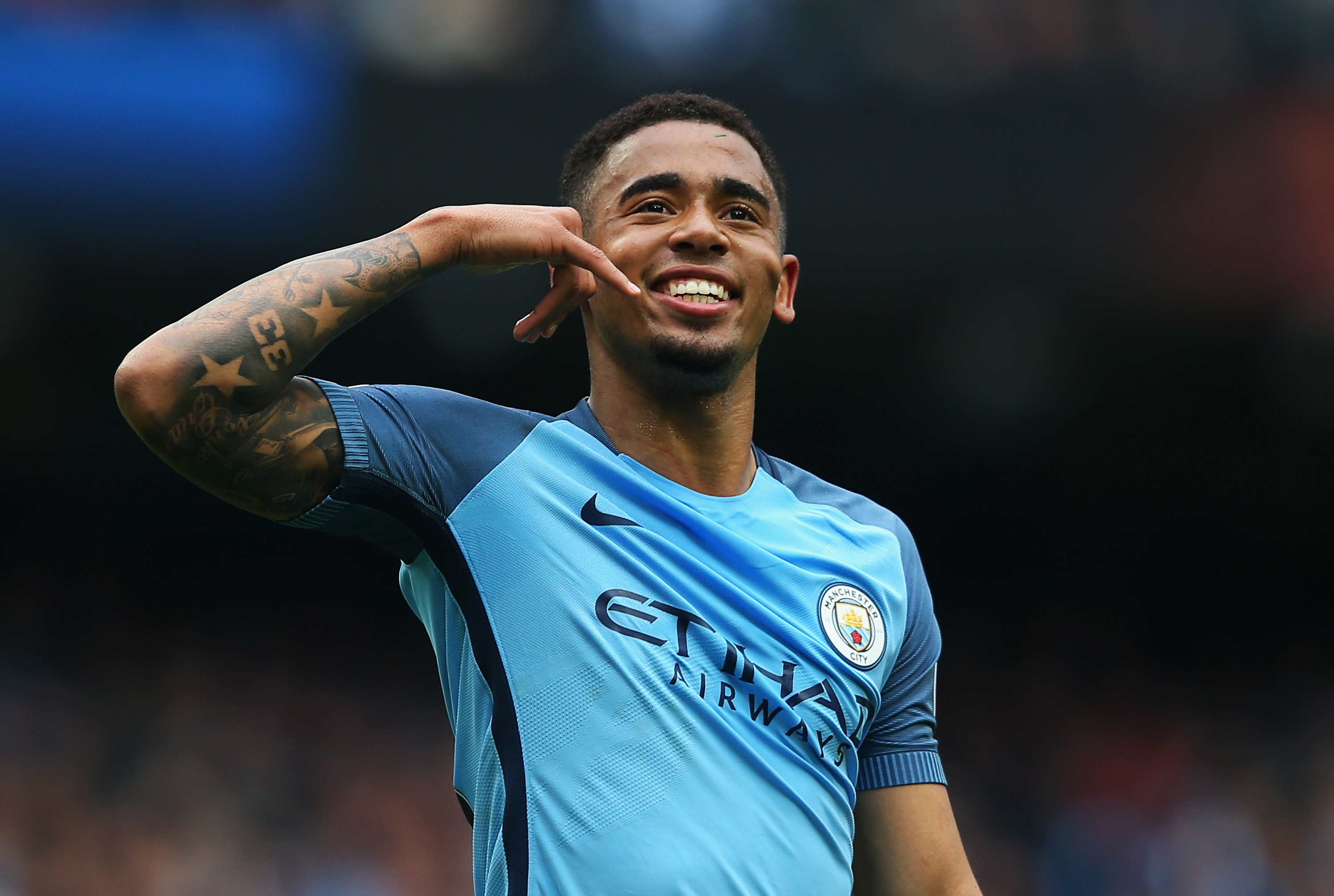 MANCHESTER, ENGLAND - MAY 13:  Gabriel Jesus of Manchester City celebrates scoring his sides second goal the Premier League match between Manchester City and Leicester City at Etihad Stadium on May 13, 2017 in Manchester, England.  (Photo by Alex Livesey/Getty Images)