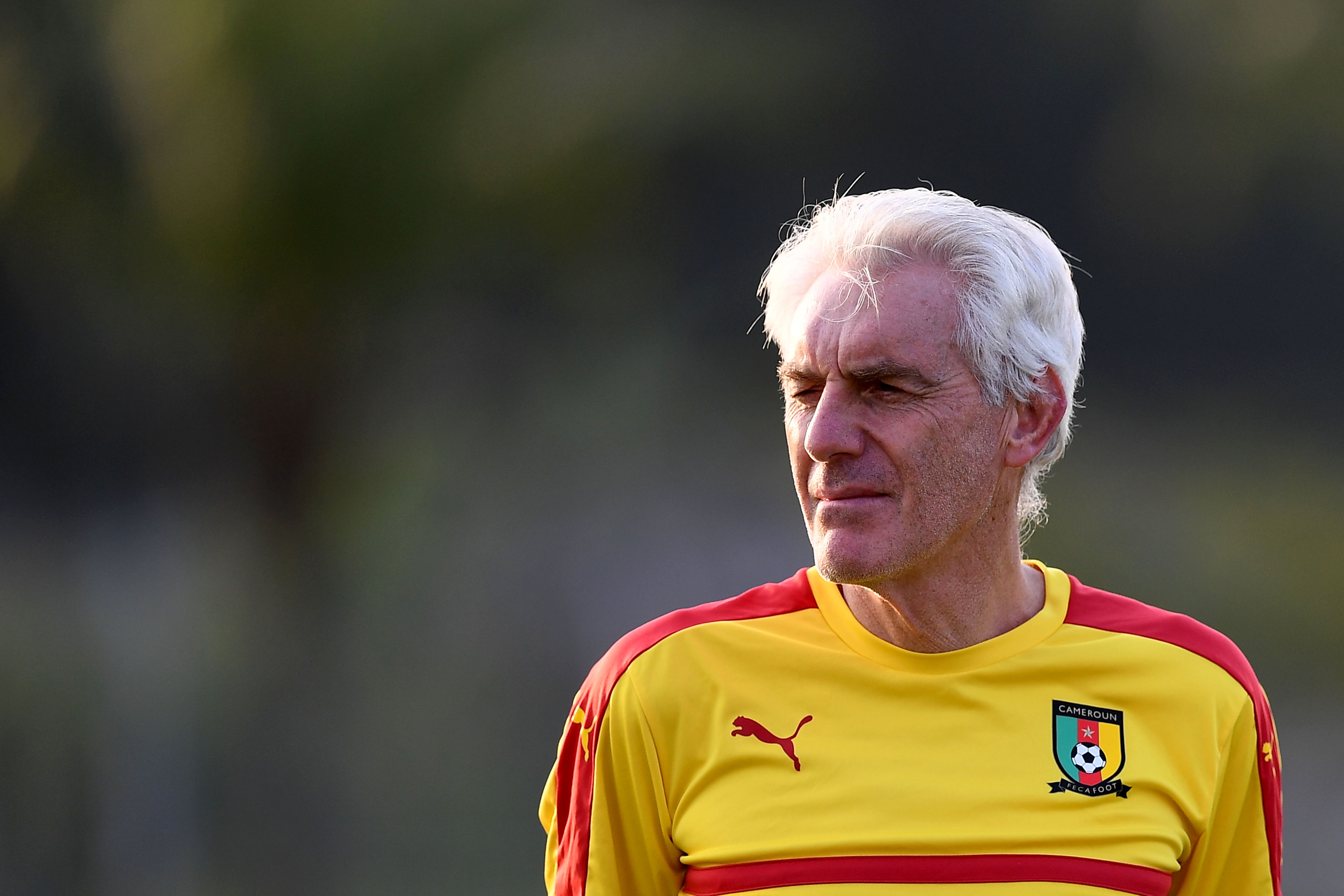 Cameroon's Belgian coach Hugo Broos looks on during a training session in Libreville on February 4, 2017 on the eve of the final of the 2017 Africa Cup of Nations football tournament between Egypt and Cameroon.  / AFP PHOTO / GABRIEL BOUYS        (Photo credit should read GABRIEL BOUYS/AFP/Getty Images)