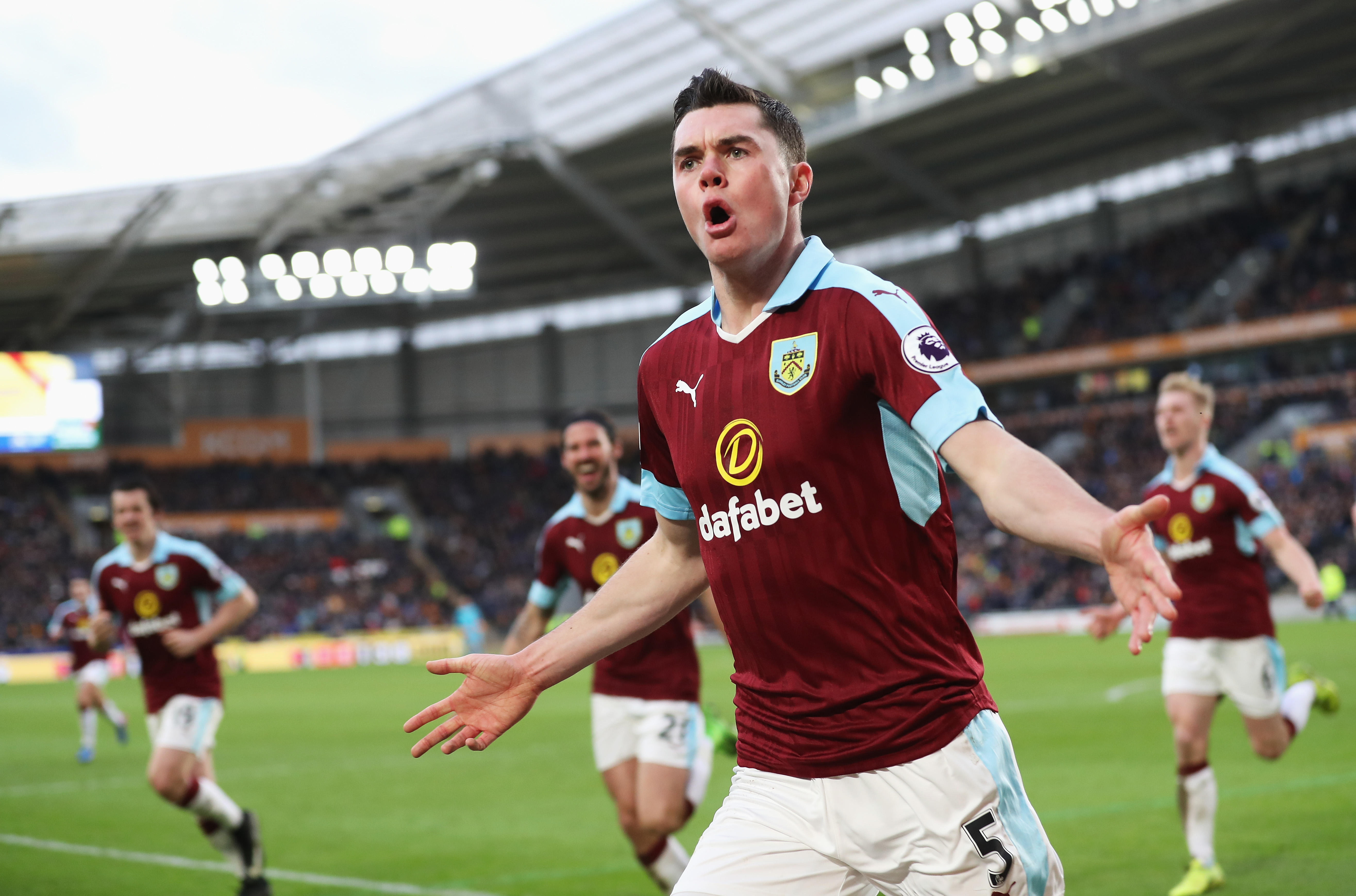 HULL, ENGLAND - FEBRUARY 25: Michael Keane of Burnley celebrates scoring his sides first goal during the Premier League match between Hull City and Burnley at KCOM Stadium on February 25, 2017 in Hull, England.  (Photo by Mark Robinson/Getty Images)