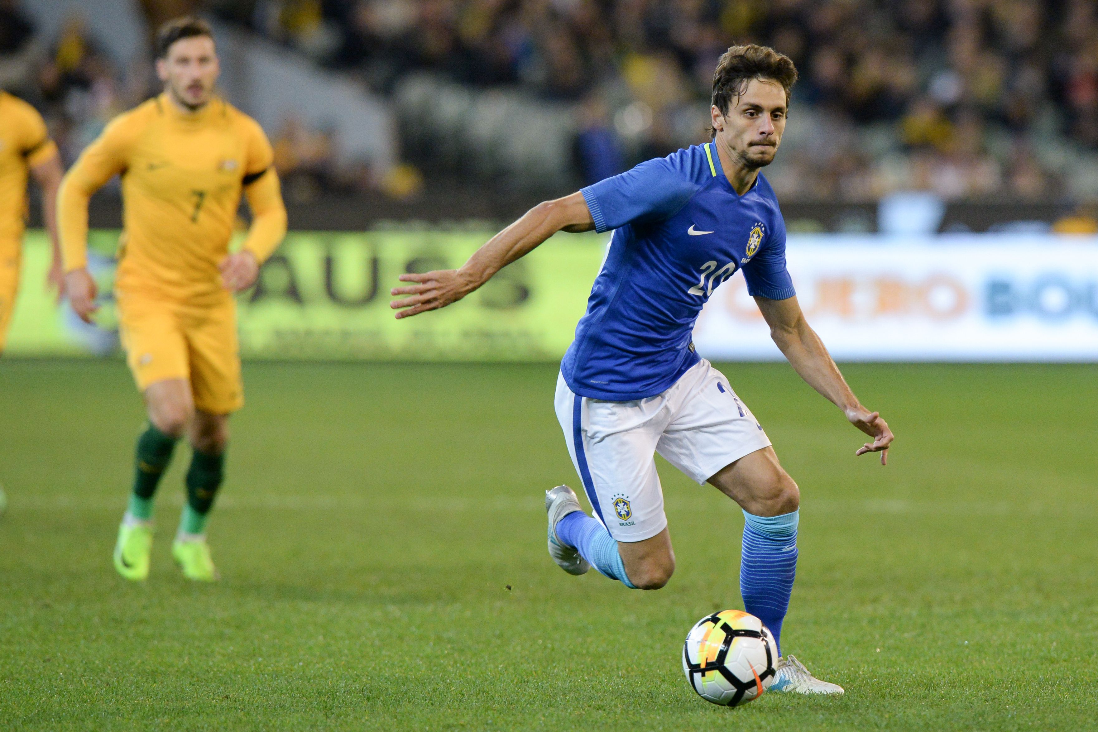 Rodrigo Caio Russo of Brazil controls the ball during the friendly international football match between Brazil and Australia in Melbourne on June 13, 2017. / AFP PHOTO / Mal Fairclough / IMAGE RESTRICTED TO EDITORIAL USE - STRICTLY NO COMMERCIAL USE (Photo credit should read MAL FAIRCLOUGH/AFP/Getty Images)