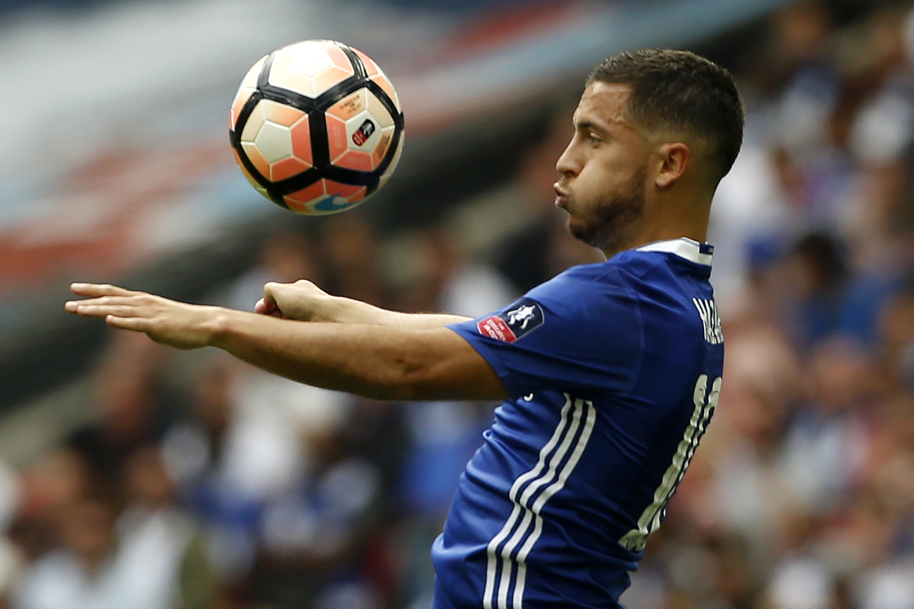 Chelsea's Belgian midfielder Eden Hazard controls the ball during the English FA Cup final football match between Arsenal and Chelsea at Wembley stadium in London on May 27, 2017. / AFP PHOTO / Ian KINGTON / NOT FOR MARKETING OR ADVERTISING USE / RESTRICTED TO EDITORIAL USE (Photo credit should read IAN KINGTON/AFP/Getty Images)
