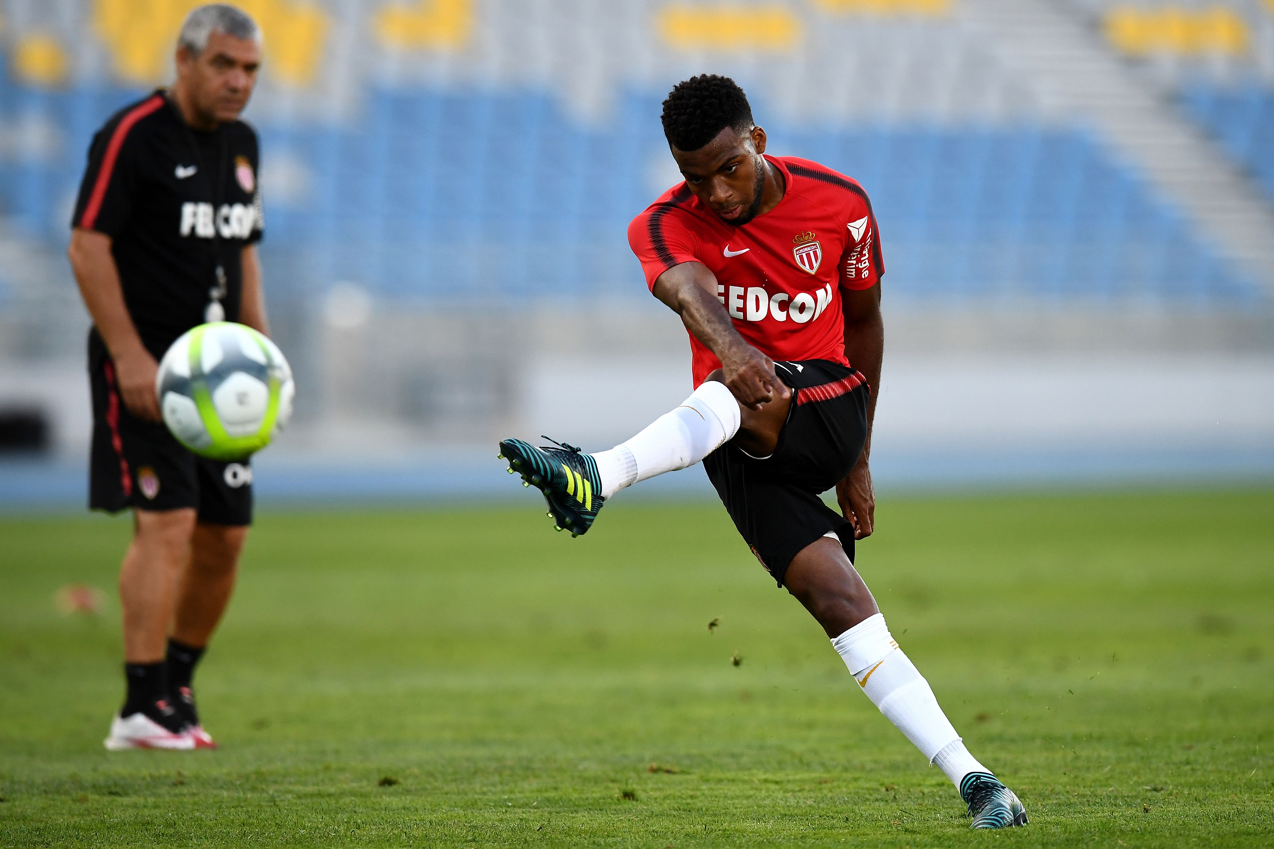 Monaco's French midfielder Thomas Lemar kicks the ball during a training session at the Grand Stade in Tangiers on July 28, 2017 on the eve of the French Trophy of Champions (Trophee des Champions) football match between Paris Saint-Germain and Monaco. / AFP PHOTO / FRANCK FIFE (Photo credit should read FRANCK FIFE/AFP/Getty Images)
