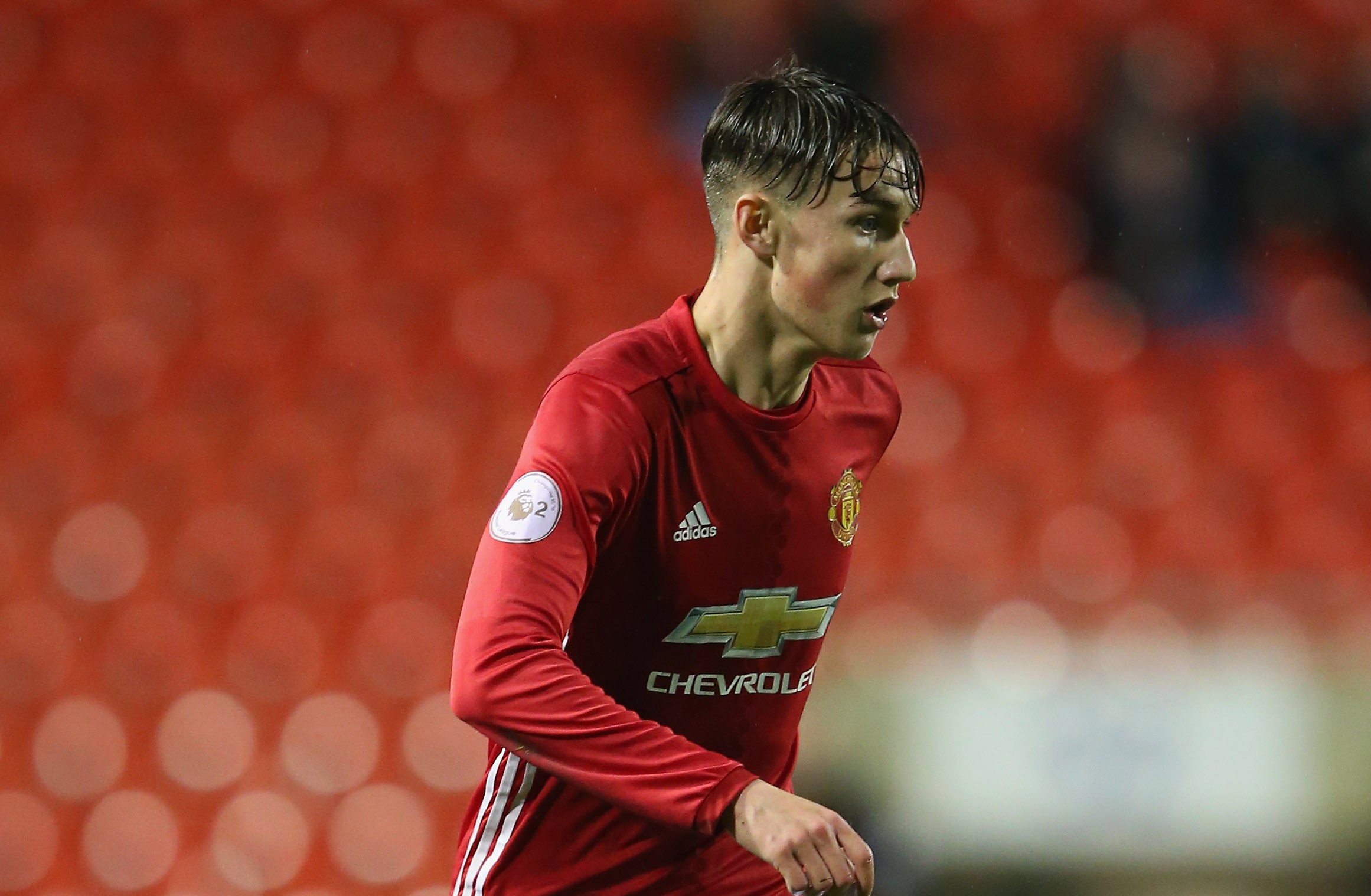 LEIGH, GREATER MANCHESTER - FEBRUARY 22:  Callum Gribbin of Manchester United during the Premier League International Cup Quarter Final match between Manchester United U23 and Porto B at Leigh Sports Village on February 22, 2017 in Leigh, Greater Manchester.  (Photo by Alex Livesey/Getty Images)