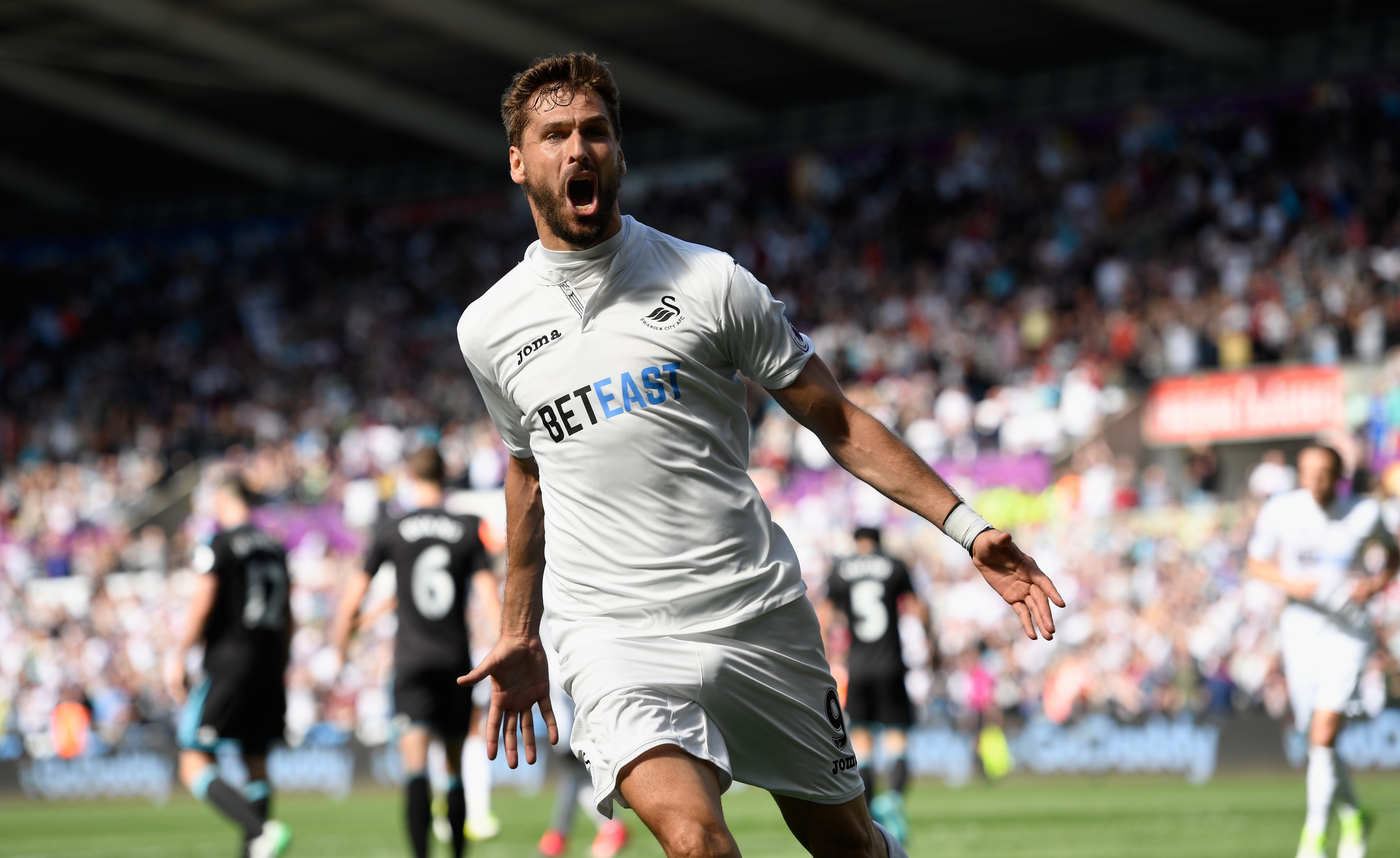 SWANSEA, WALES - MAY 21:  Swansea player Fernando Llorente celebrates his and the winning goal during the Premier League match between Swansea City and West Bromwich Albion at Liberty Stadium on May 21, 2017 in Swansea, Wales.  (Photo by Stu Forster/Getty Images)