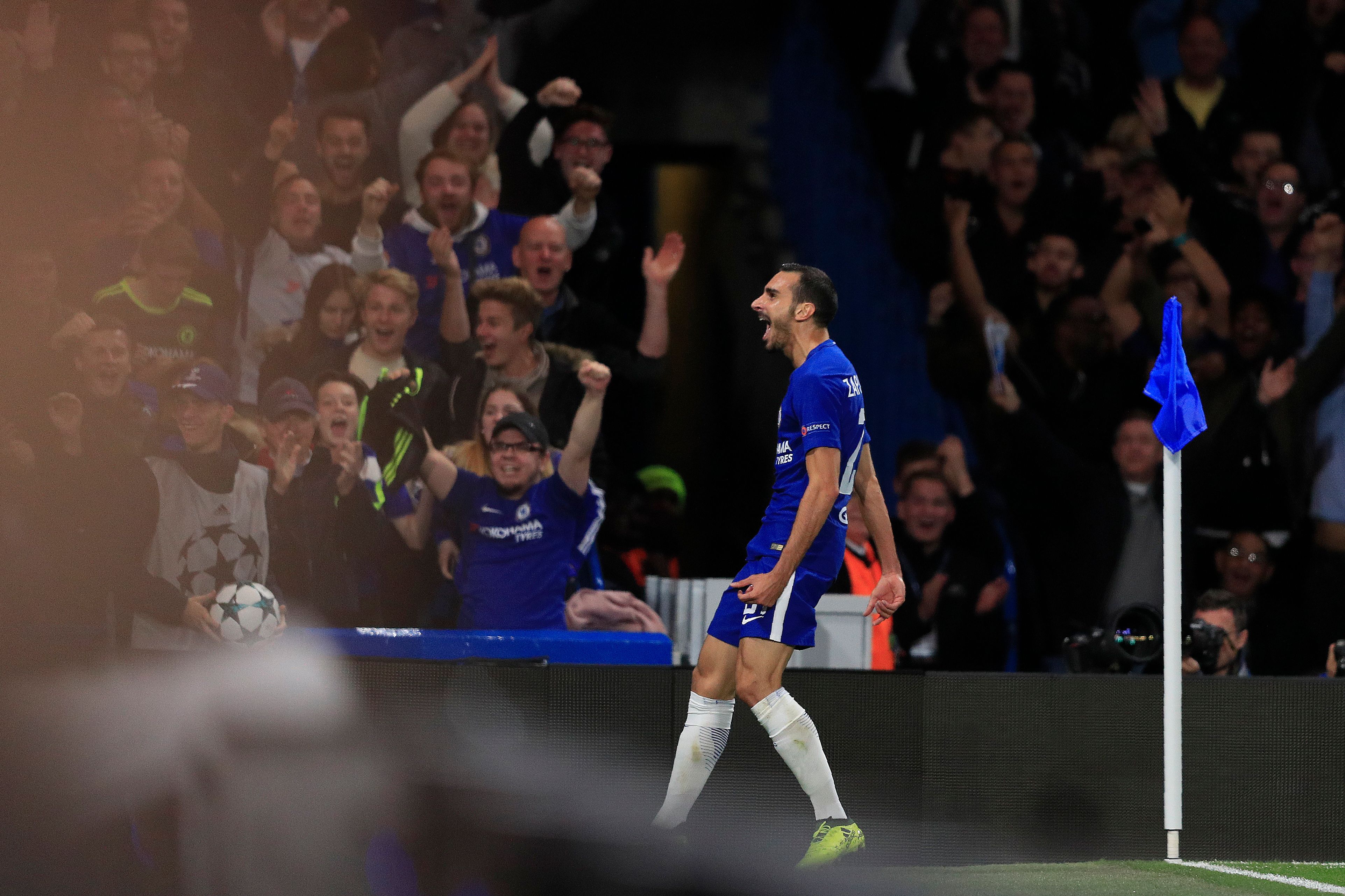 Chelsea's Italian defender Davide Zappacosta celebrates scoring his team's second goal during the UEFA Champions League Group C football match between Chelsea and Qarabag at Stamford Bridge in London on September 12, 2017.  / AFP PHOTO / Adrian DENNIS        (Photo credit should read ADRIAN DENNIS/AFP/Getty Images)